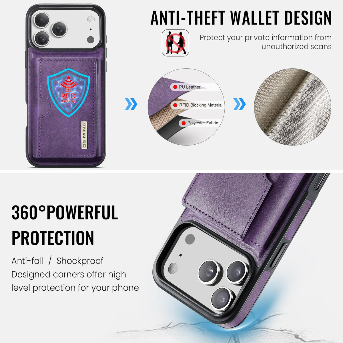Compatible with iPhone 18 Pro Max & 17 Pro Max DG.MING M6 Series RFID Tri-fold Card Bag Removable Leather Phone Case - Purple