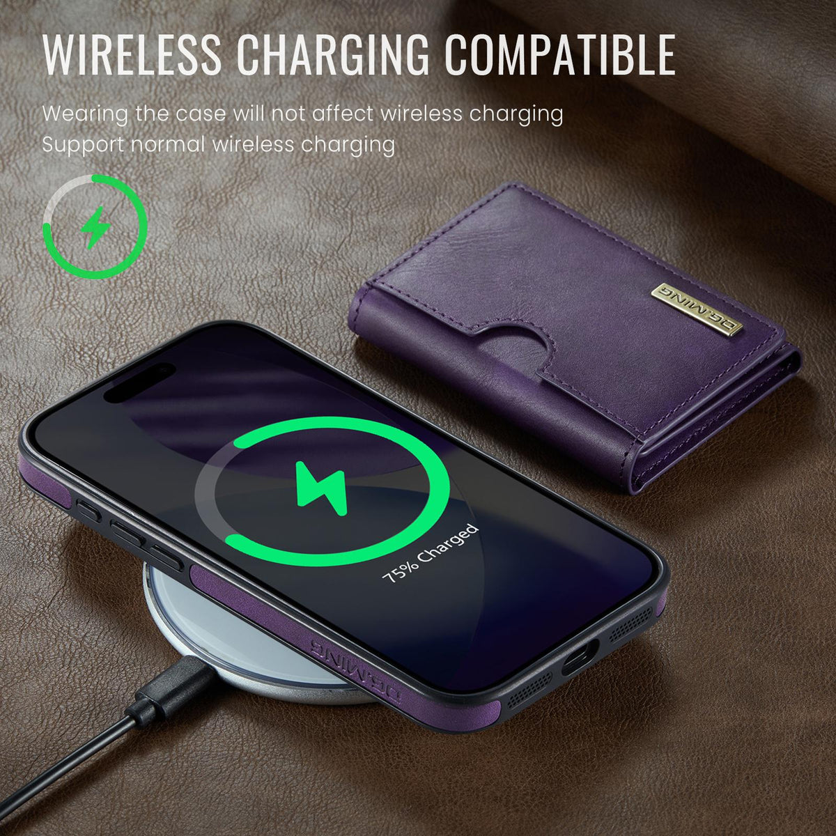 Compatible with iPhone 18 Pro Max & 17 Pro Max DG.MING M6 Series RFID Tri-fold Card Bag Removable Leather Phone Case - Purple