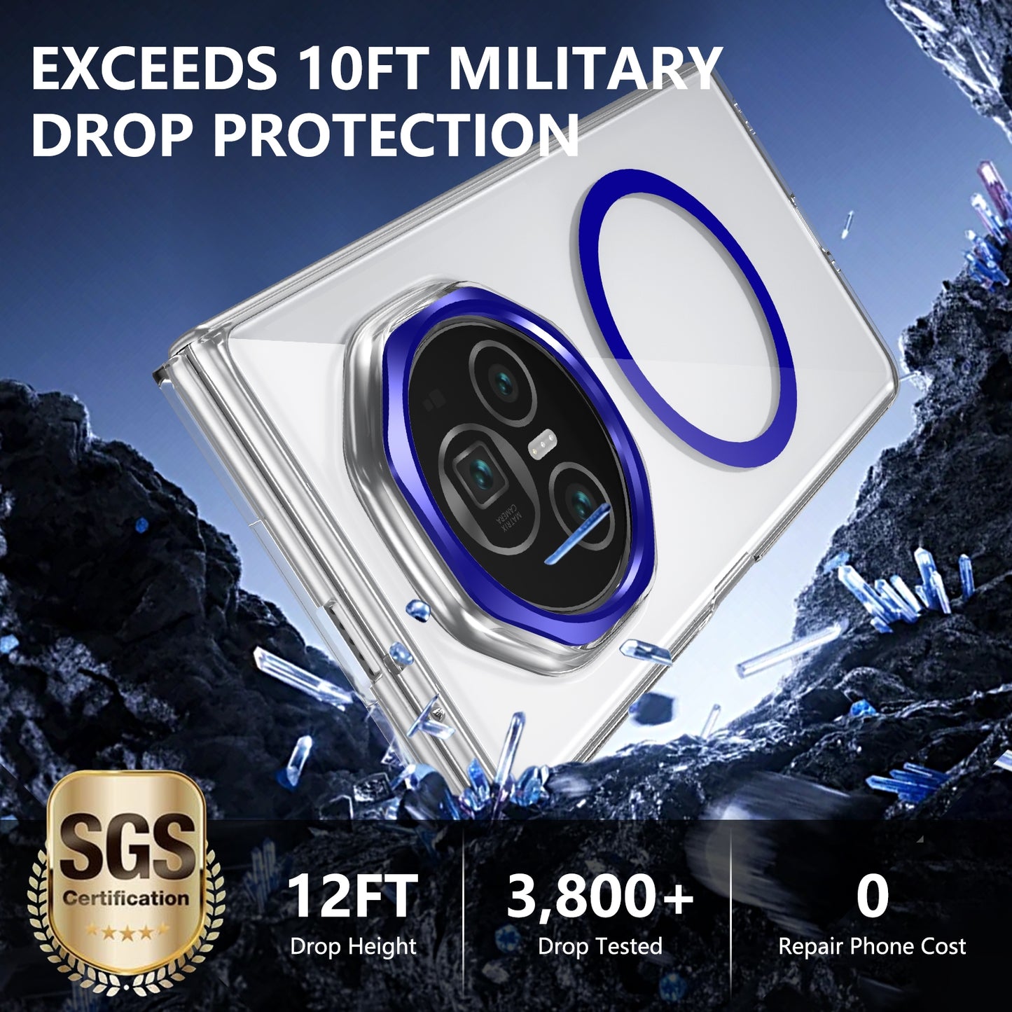 For Honor Magic V3 lce Folding Series MagSafe Integrated Clear PC Phone Case(Royal Blue)