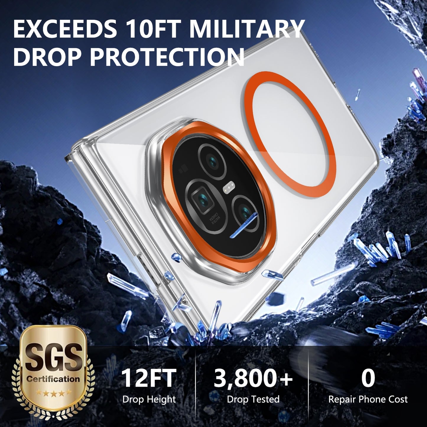 For Honor Magic V3 lce Folding Series MagSafe Integrated Clear PC Phone Case(Orange)