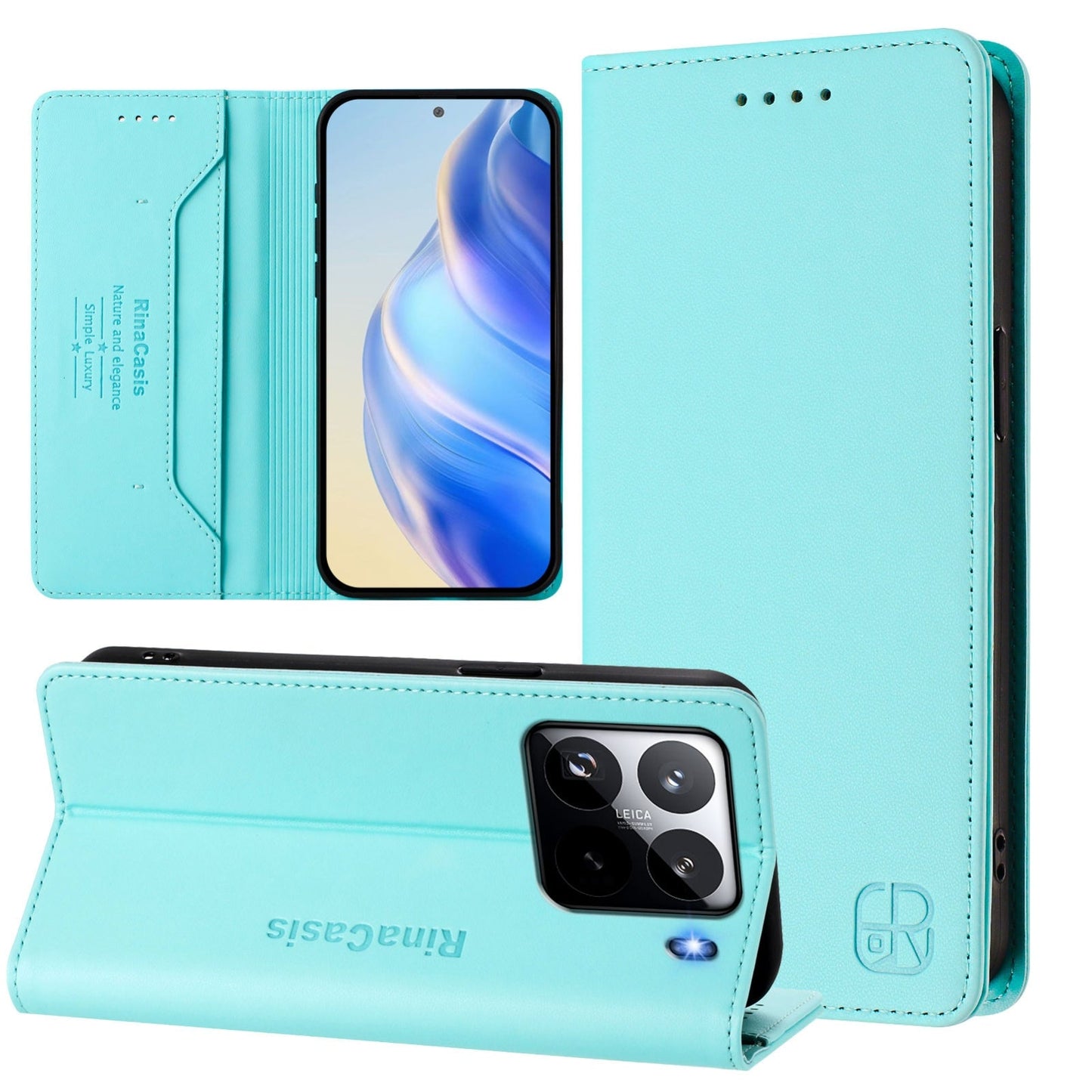 For Xiaomi 15 Pro RC01 Dual-Folded Magnetic Suction RFID Leather Phone Case(Mint Green)