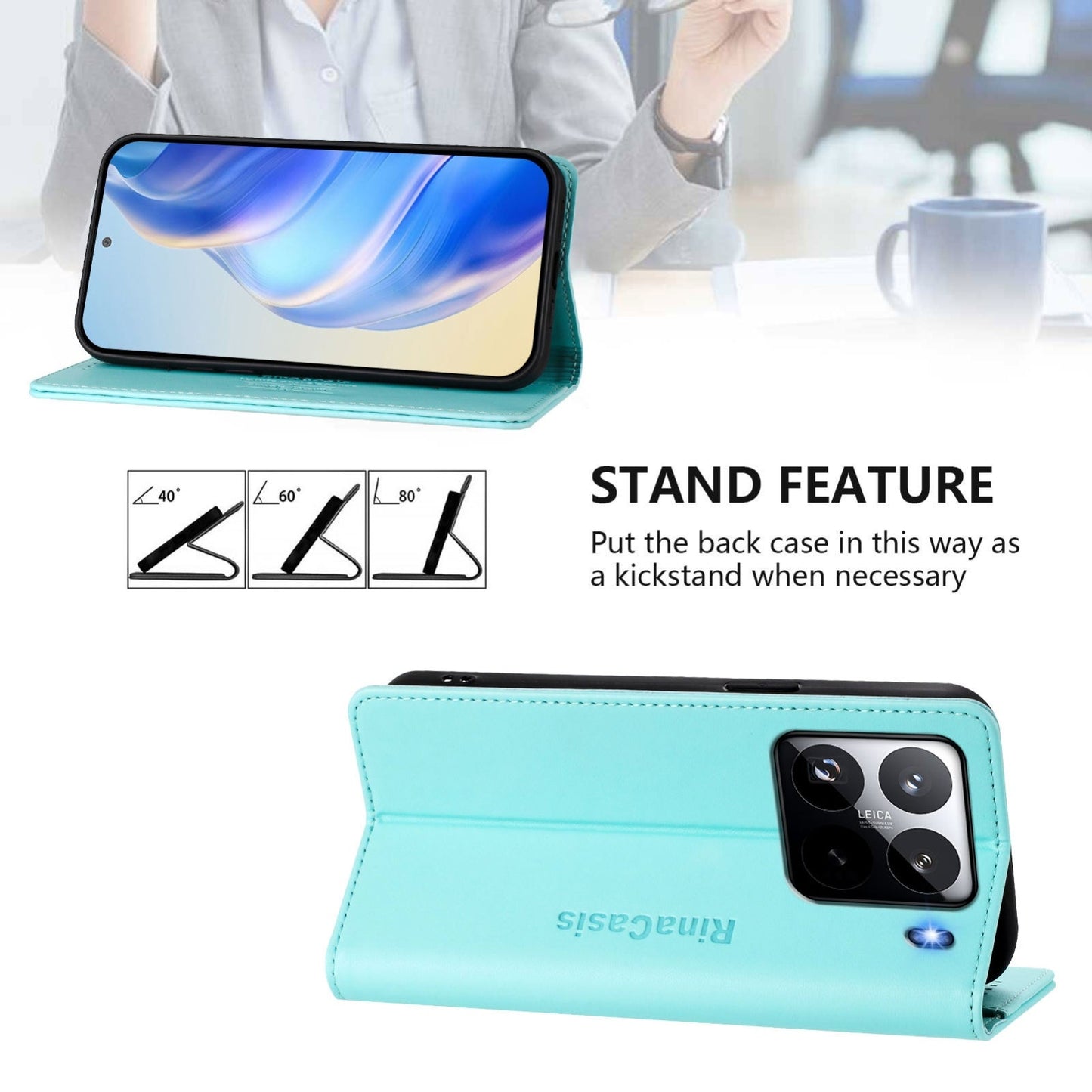For Xiaomi 15 Pro RC01 Dual-Folded Magnetic Suction RFID Leather Phone Case(Mint Green)