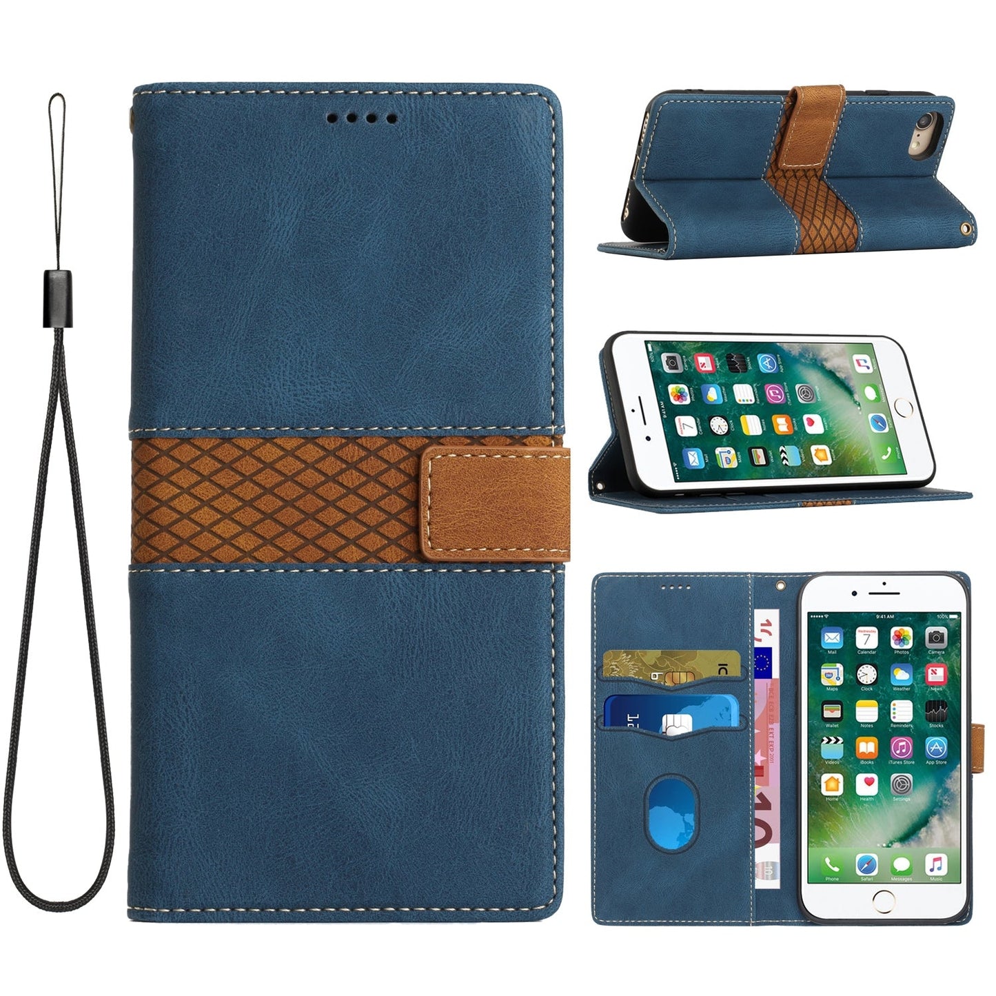 For iPhone 16e Grid Stitching Leather Phone Case with Lanyard(Blue)