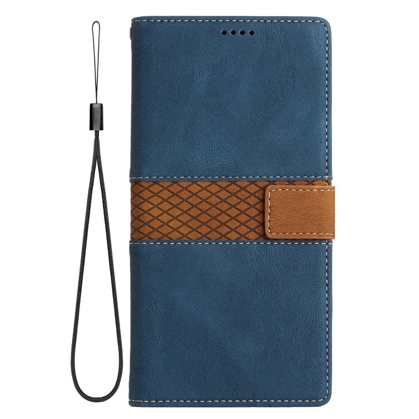 For iPhone 16e Grid Stitching Leather Phone Case with Lanyard(Blue)