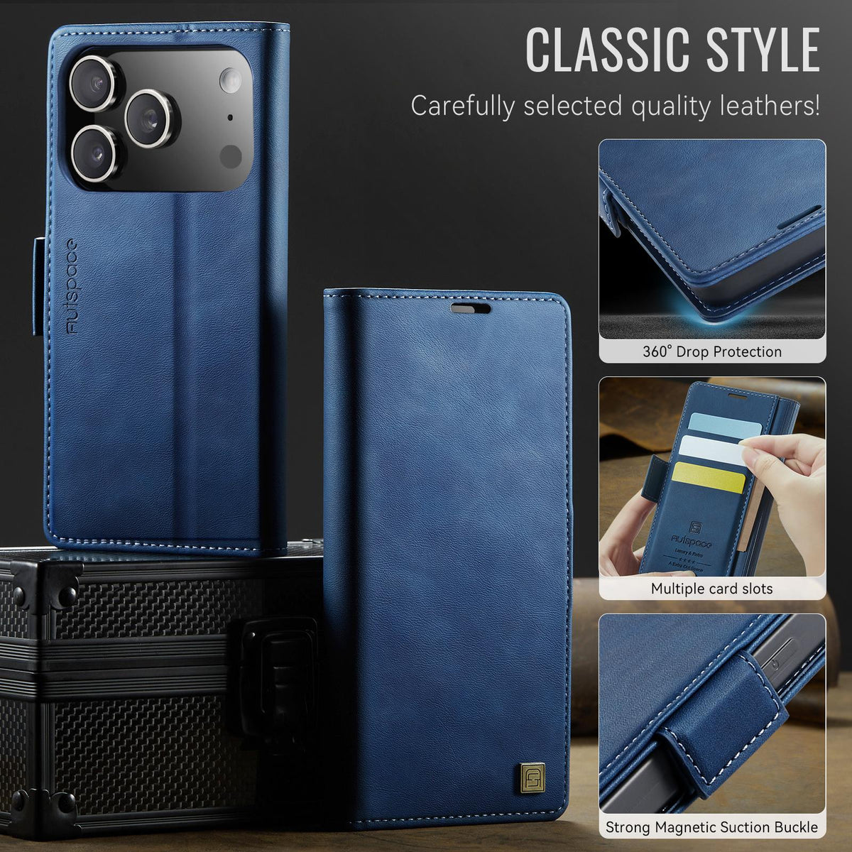 Compatible with iPhone 18 Pro Max & 17 Pro Max AutSpace A11 Side Buckle MagSafe Magnetic RFID Phone Leather Case - Blue