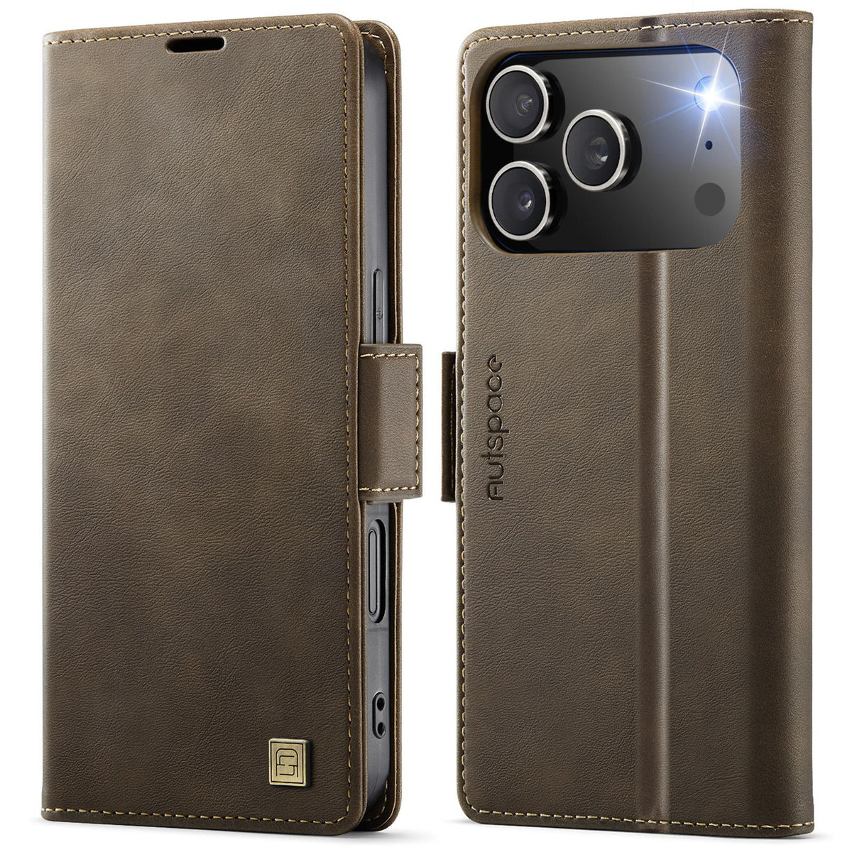 Compatible with iPhone 18 Pro Max & 17 Pro Max AutSpace A11 Side Buckle MagSafe Magnetic RFID Phone Leather Case - Coffee