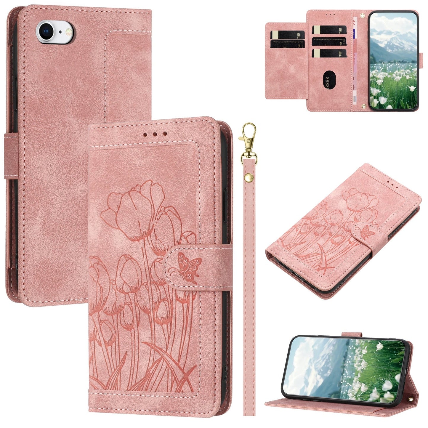 For iPhone 16e Tulips Embossed Leather Phone Case with Lanyard(Pink)