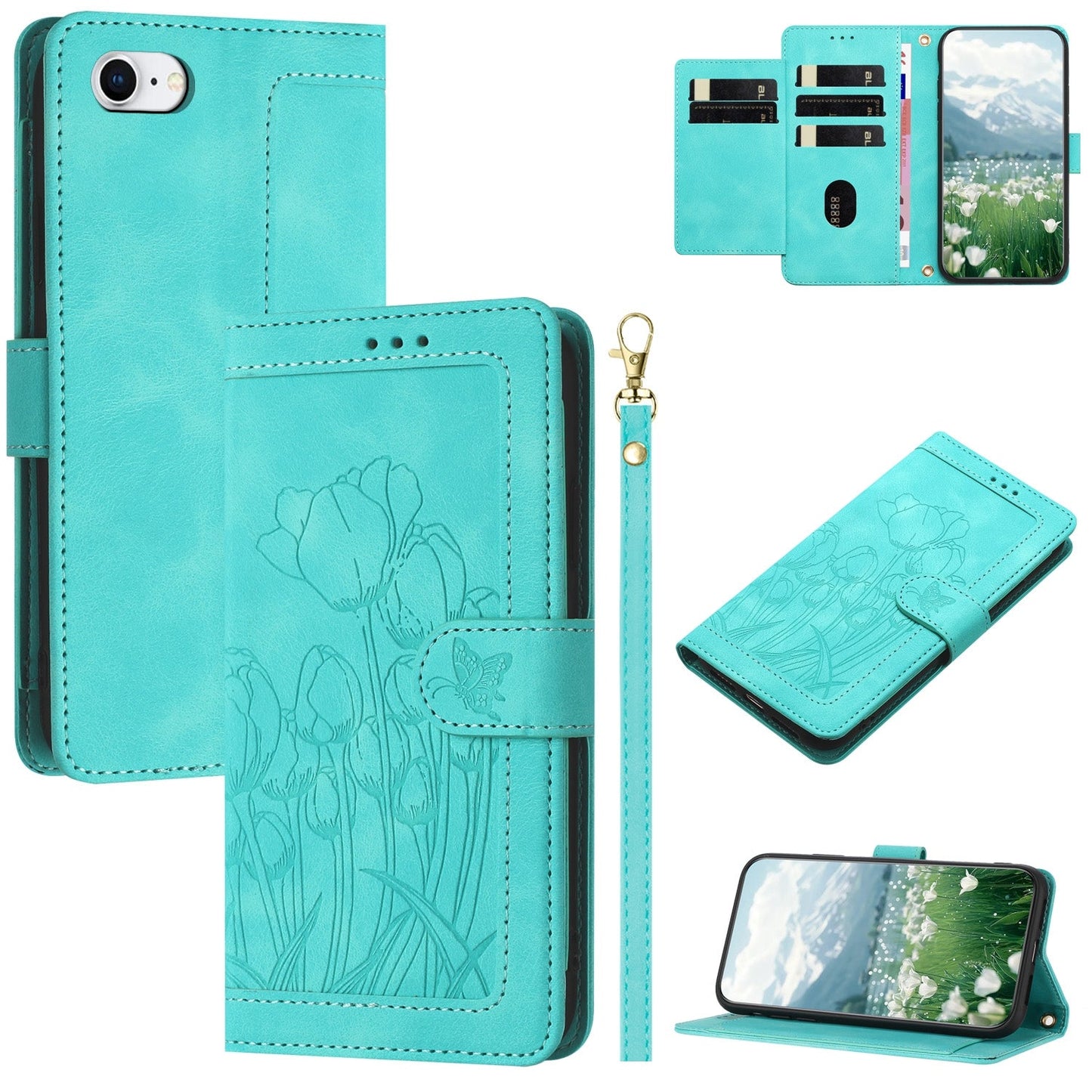 For iPhone 16e Tulips Embossed Leather Phone Case with Lanyard(Green)