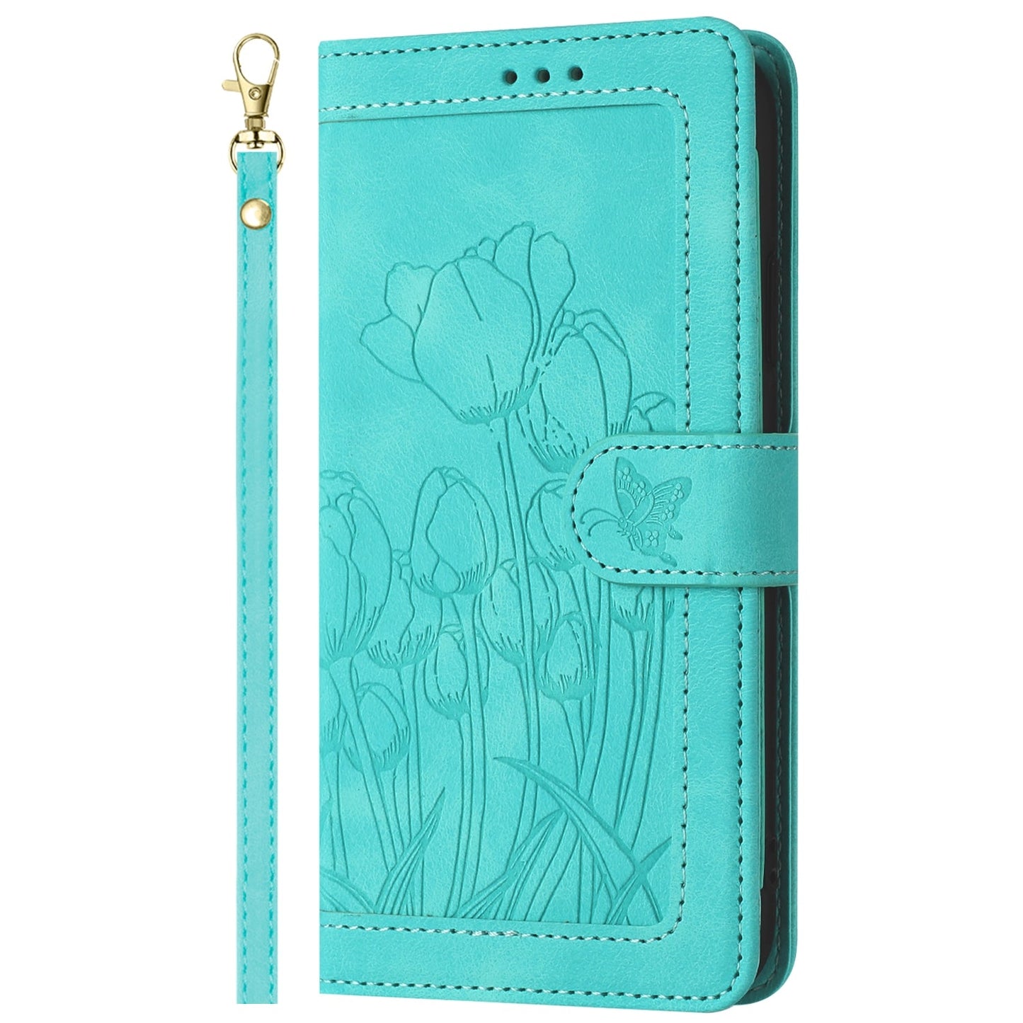 For iPhone 16e Tulips Embossed Leather Phone Case with Lanyard(Green)