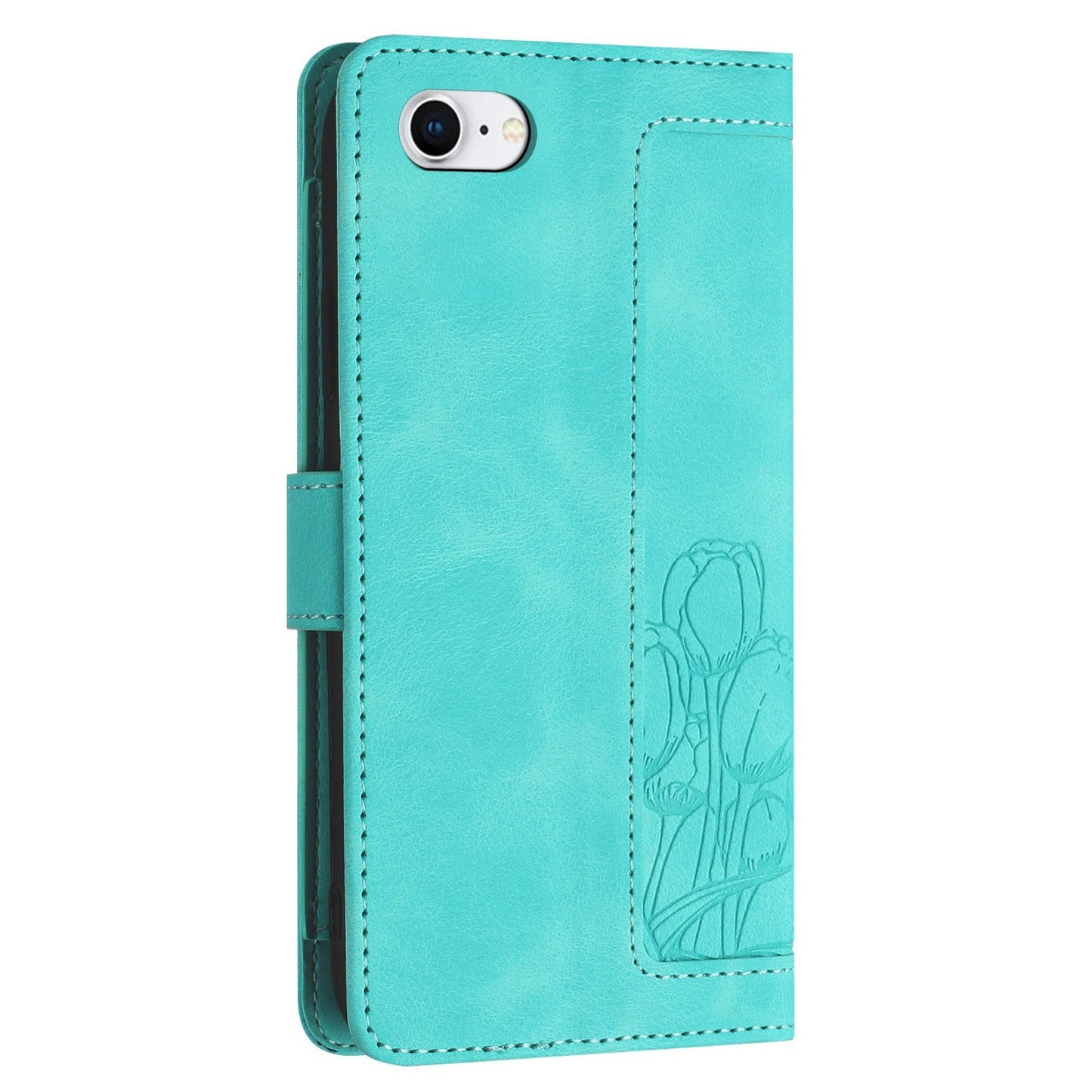 For iPhone 16e Tulips Embossed Leather Phone Case with Lanyard(Green)