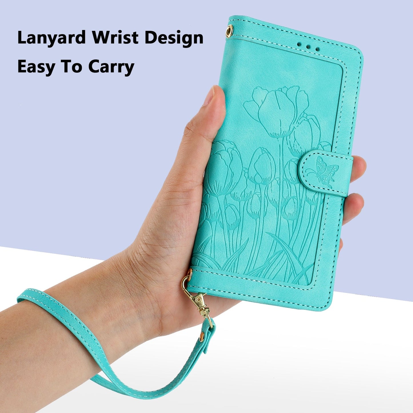 For iPhone 16e Tulips Embossed Leather Phone Case with Lanyard(Green)