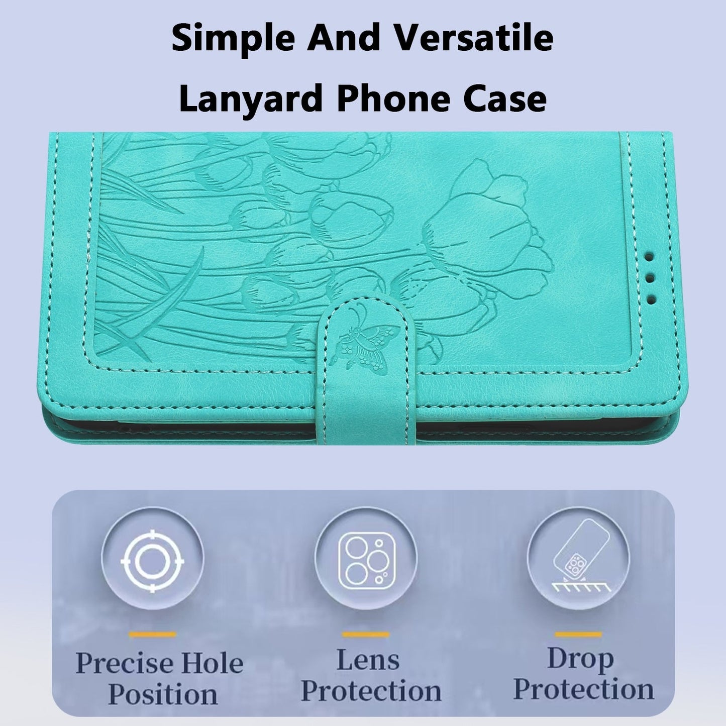 For iPhone 16e Tulips Embossed Leather Phone Case with Lanyard(Green)