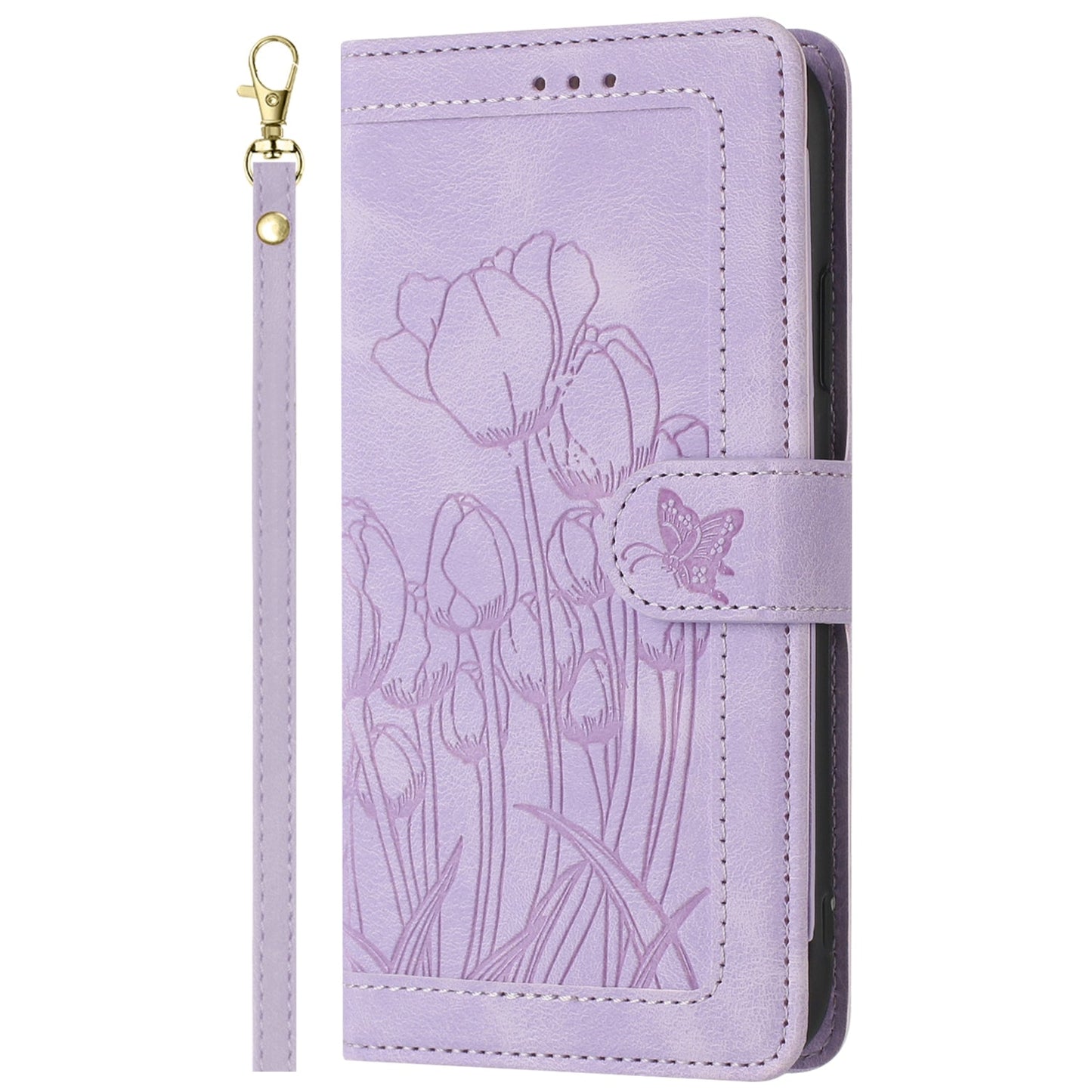 For iPhone 16e Tulips Embossed Leather Phone Case with Lanyard(Purple)