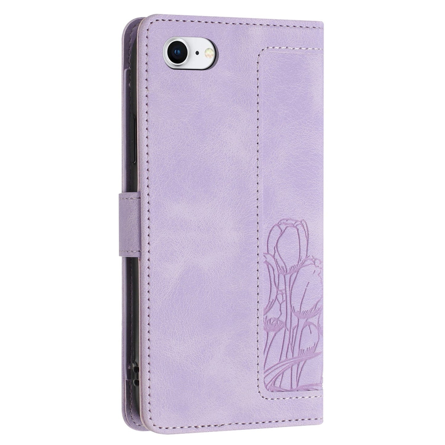 For iPhone 16e Tulips Embossed Leather Phone Case with Lanyard(Purple)