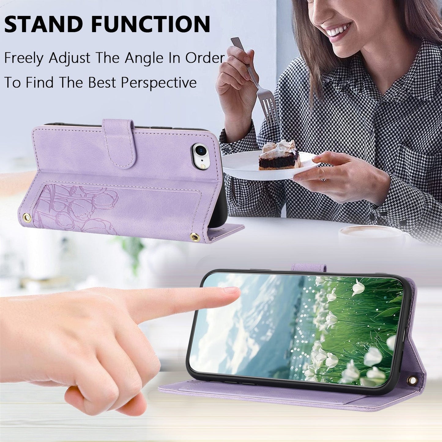 For iPhone 16e Tulips Embossed Leather Phone Case with Lanyard(Purple)