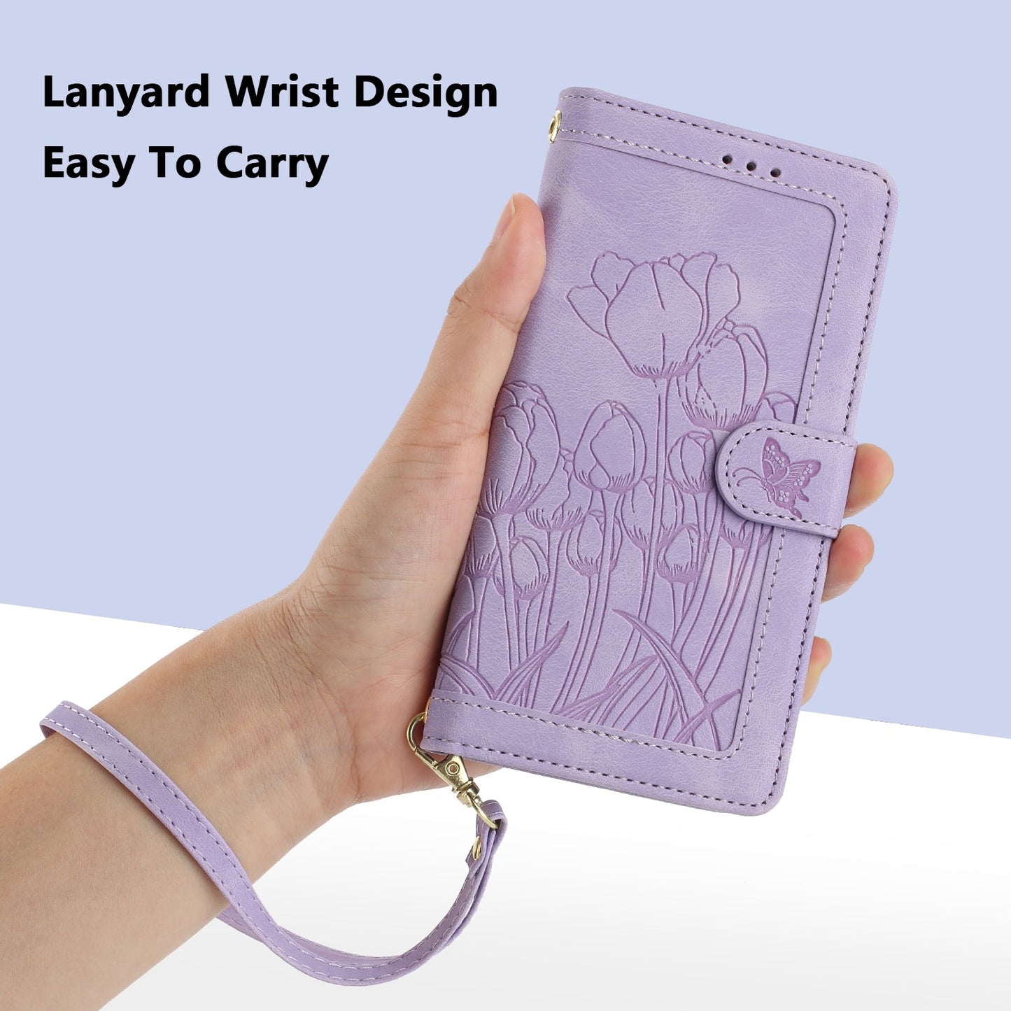 For iPhone 16e Tulips Embossed Leather Phone Case with Lanyard(Purple)