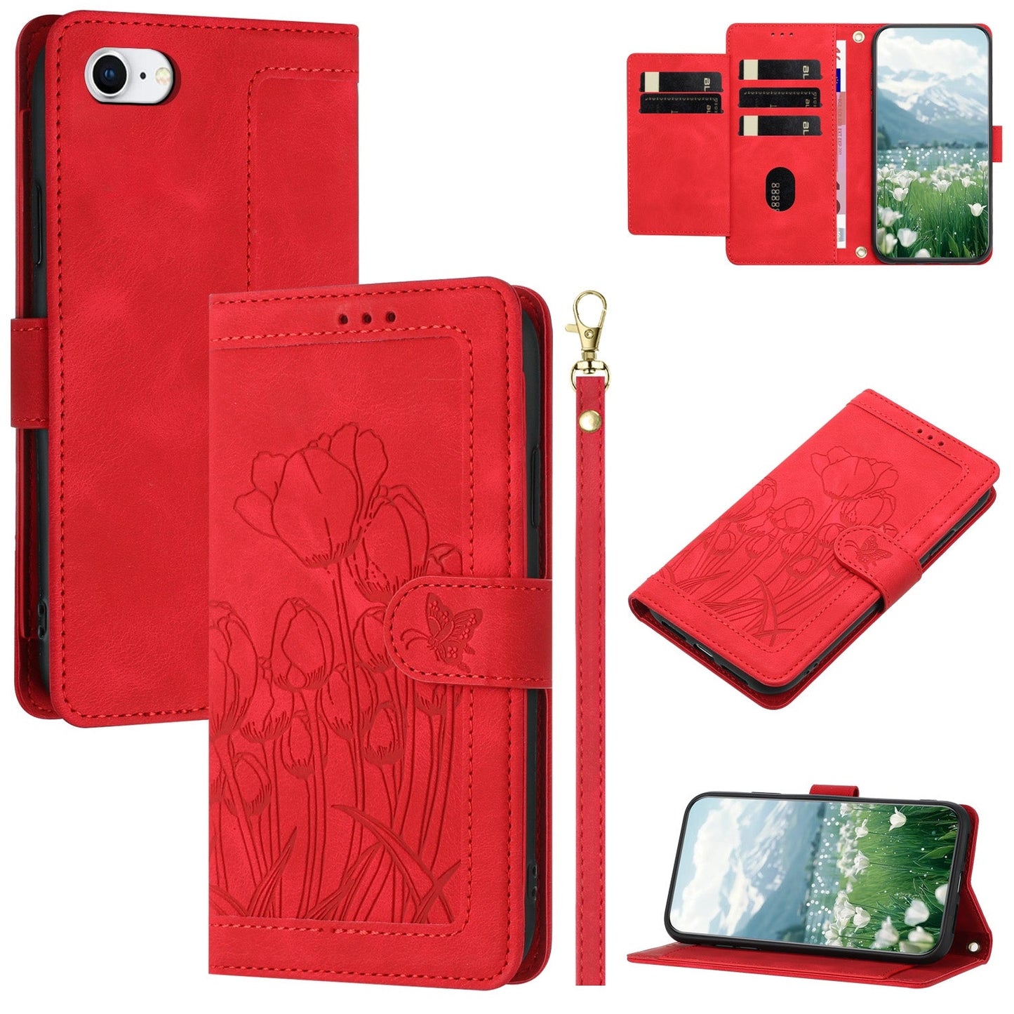 For iPhone 16e Tulips Embossed Leather Phone Case with Lanyard(Red)