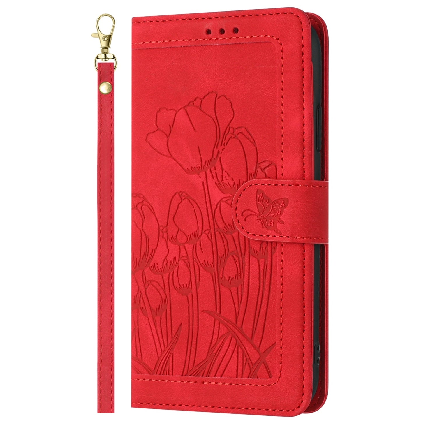 For iPhone 16e Tulips Embossed Leather Phone Case with Lanyard(Red)