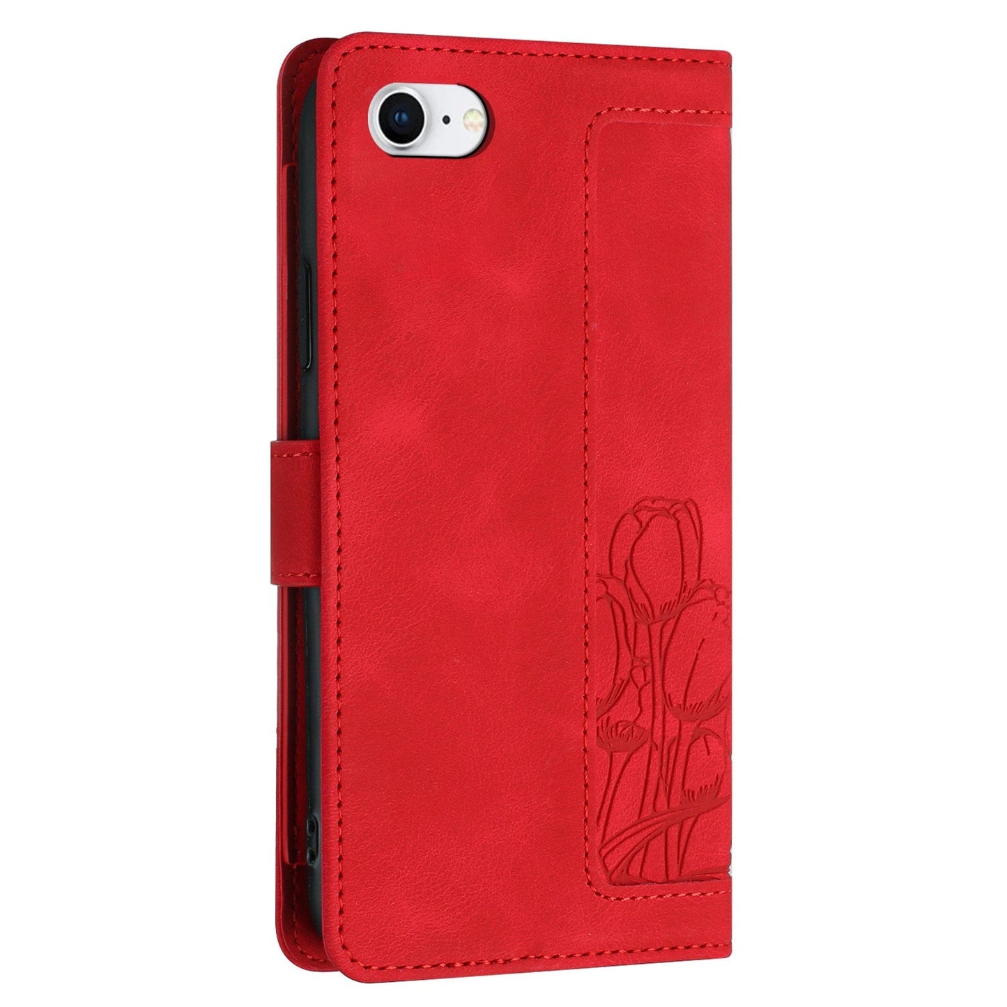 For iPhone 16e Tulips Embossed Leather Phone Case with Lanyard(Red)