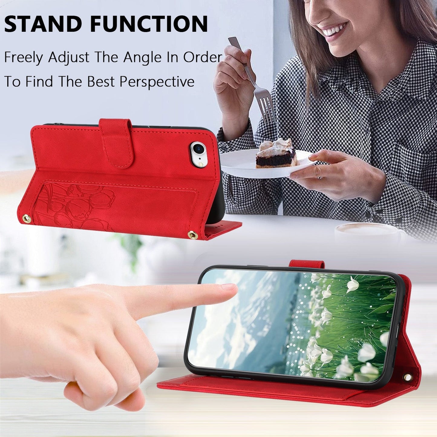 For iPhone 16e Tulips Embossed Leather Phone Case with Lanyard(Red)
