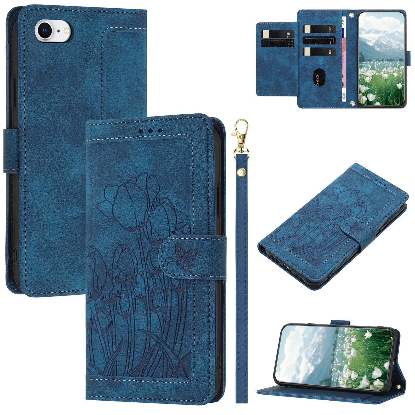 For iPhone 16e Tulips Embossed Leather Phone Case with Lanyard(Blue)