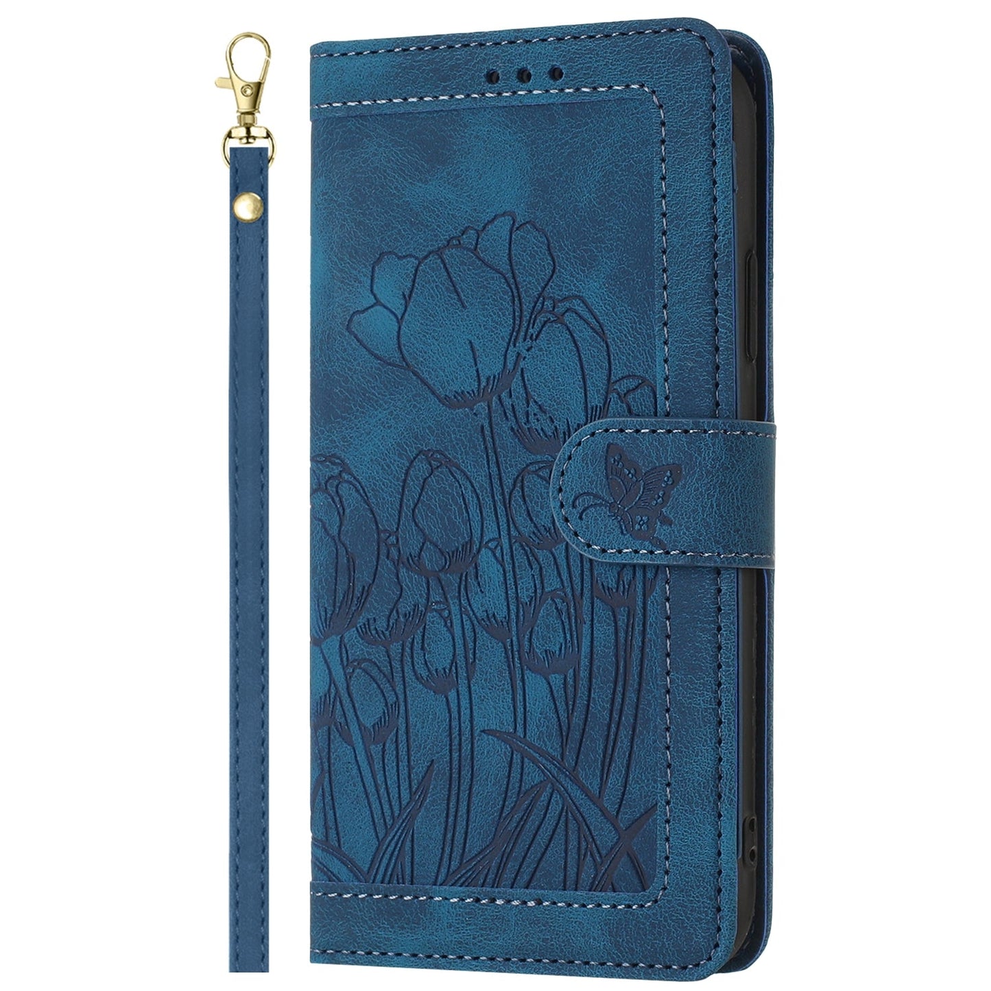 For iPhone 16e Tulips Embossed Leather Phone Case with Lanyard(Blue)