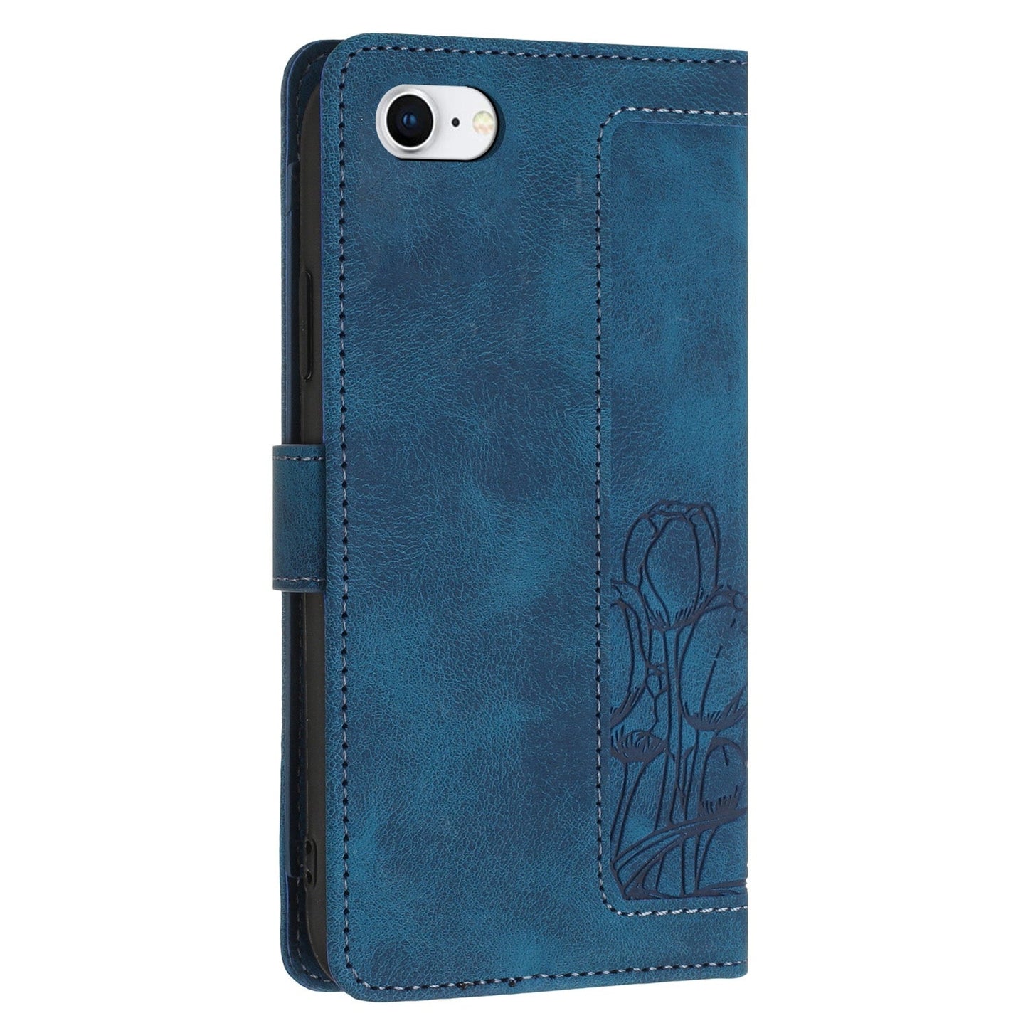 For iPhone 16e Tulips Embossed Leather Phone Case with Lanyard(Blue)