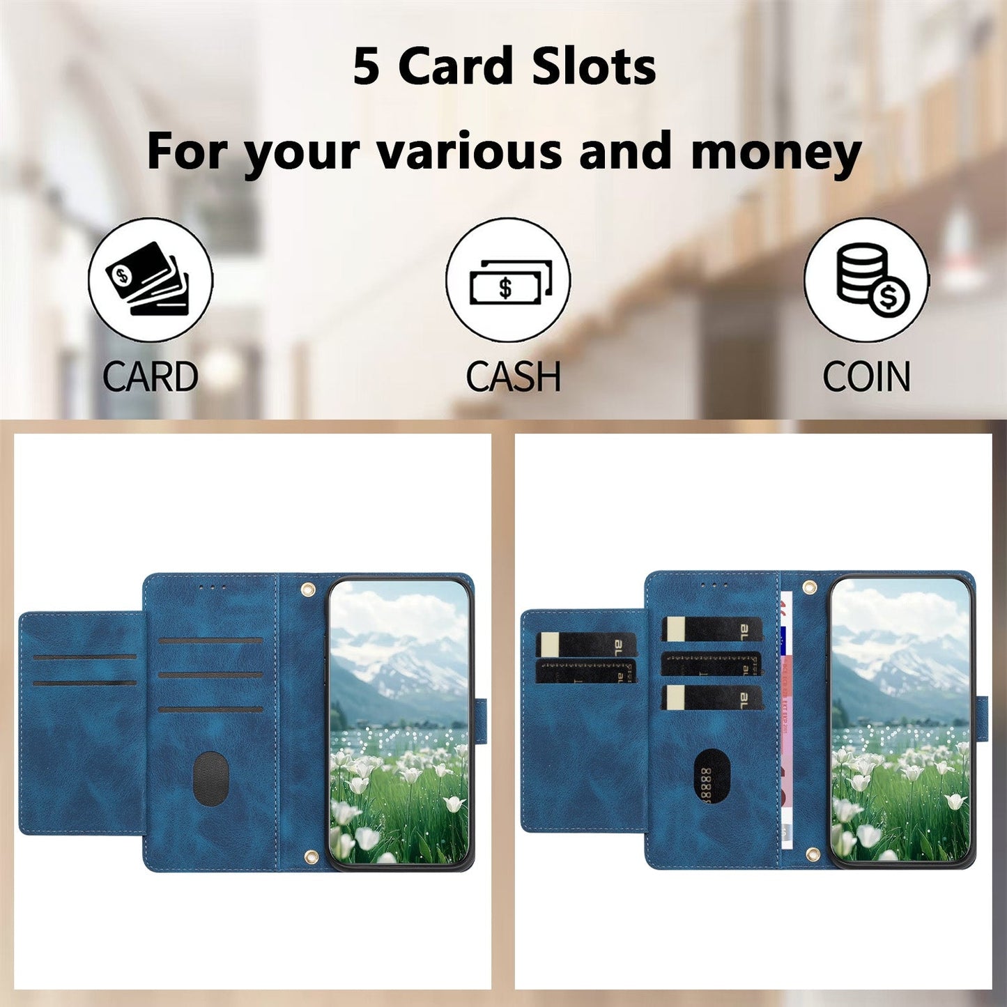 For iPhone 16e Tulips Embossed Leather Phone Case with Lanyard(Blue)