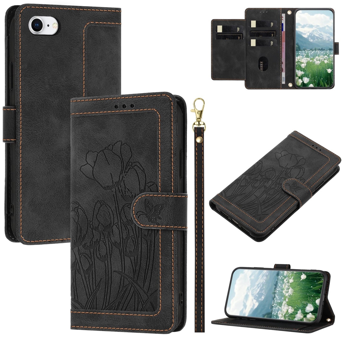 For iPhone 16e Tulips Embossed Leather Phone Case with Lanyard(Black)