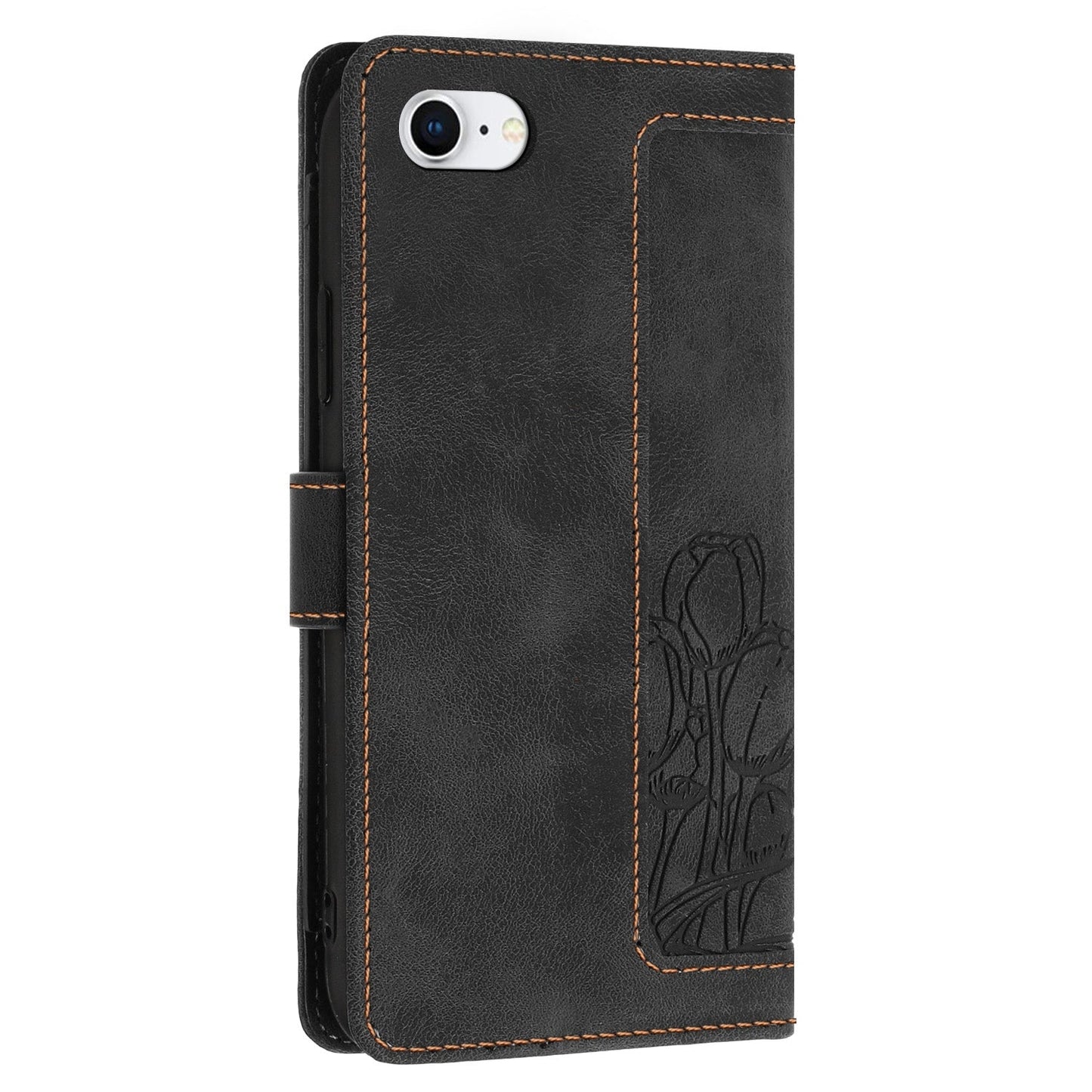 For iPhone 16e Tulips Embossed Leather Phone Case with Lanyard(Black)