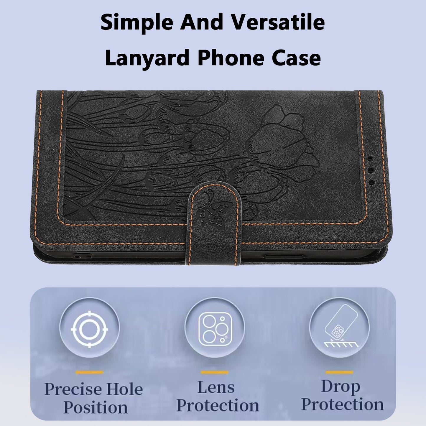 For iPhone 16e Tulips Embossed Leather Phone Case with Lanyard(Black)