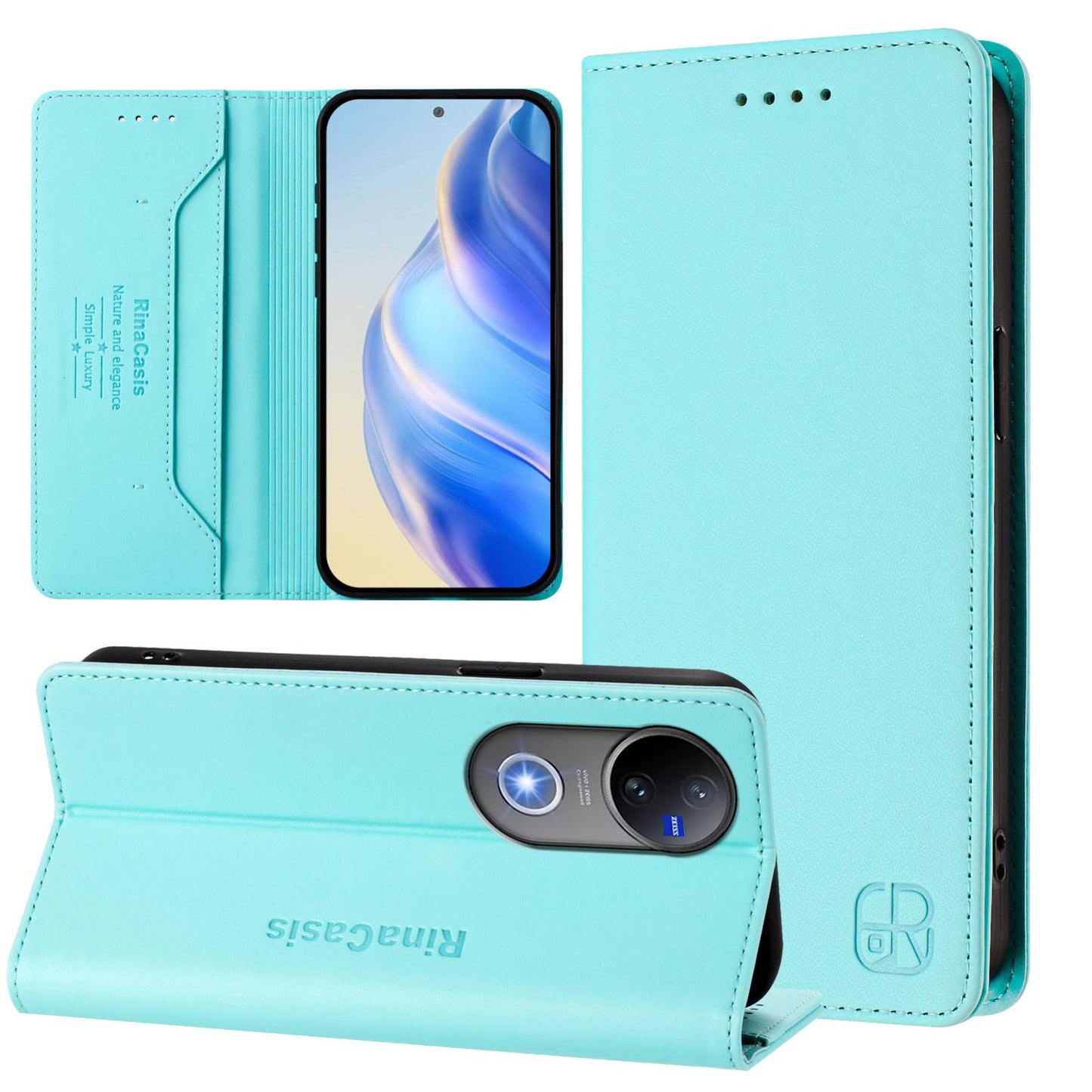 For vivo V50 5G Global RC01 Dual-Folded Magnetic Suction RFID Leather Phone Case(Mint Green)