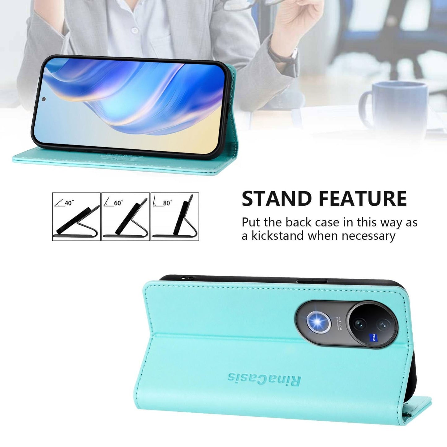 For vivo V50 5G Global RC01 Dual-Folded Magnetic Suction RFID Leather Phone Case(Mint Green)