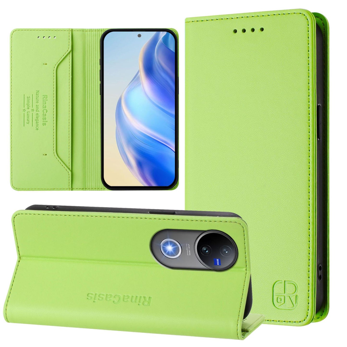 For vivo V50 5G Global RC01 Dual-Folded Magnetic Suction RFID Leather Phone Case(Grass Green)