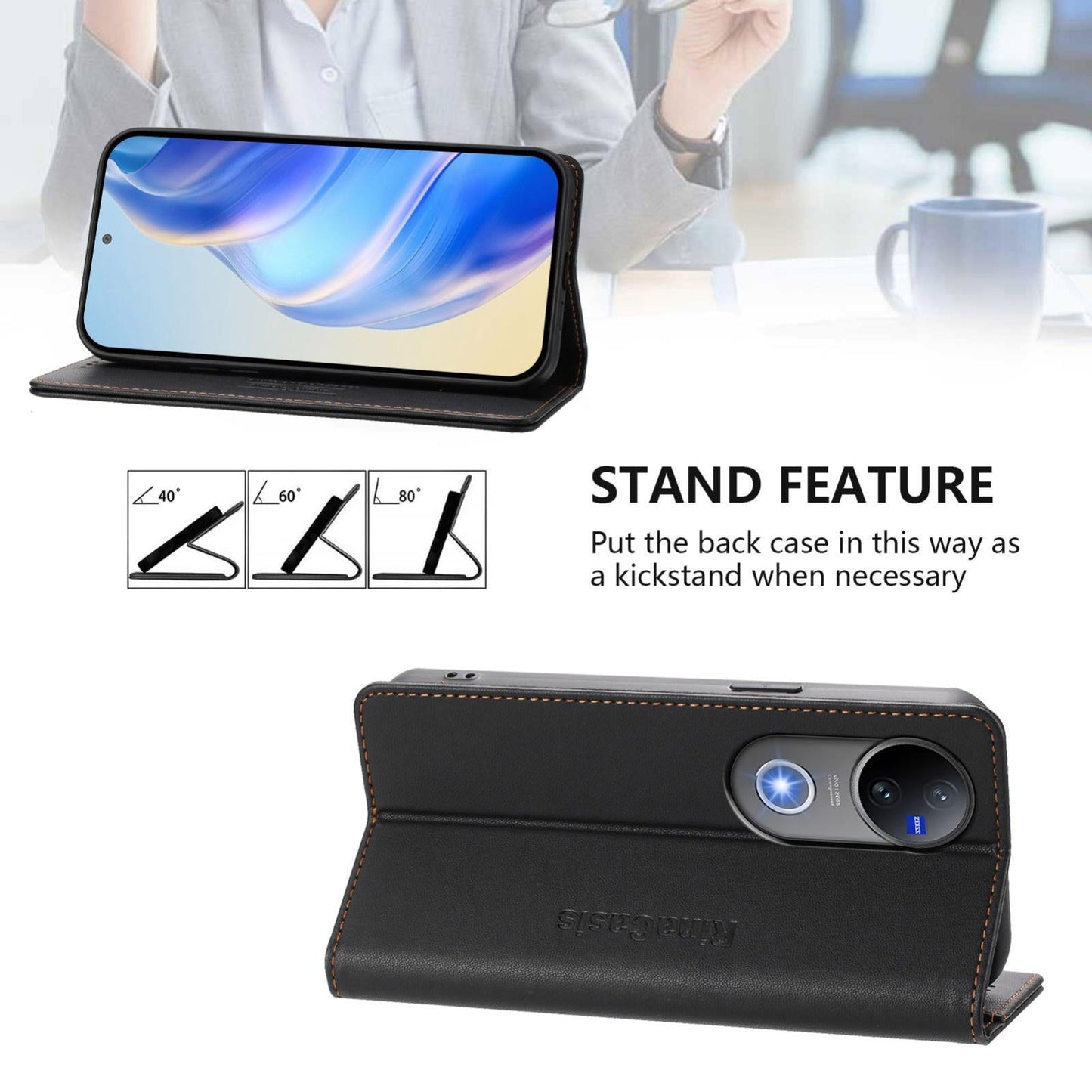 For vivo V50 5G Global RC01 Dual-Folded Magnetic Suction RFID Leather Phone Case(Black)