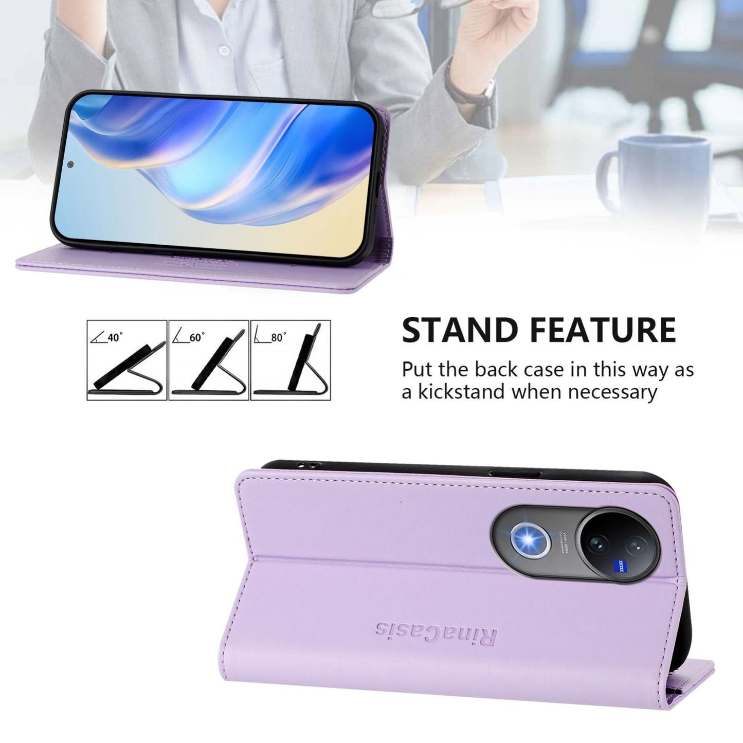 For vivo V50 5G Global RC01 Dual-Folded Magnetic Suction RFID Leather Phone Case(Light Purple)