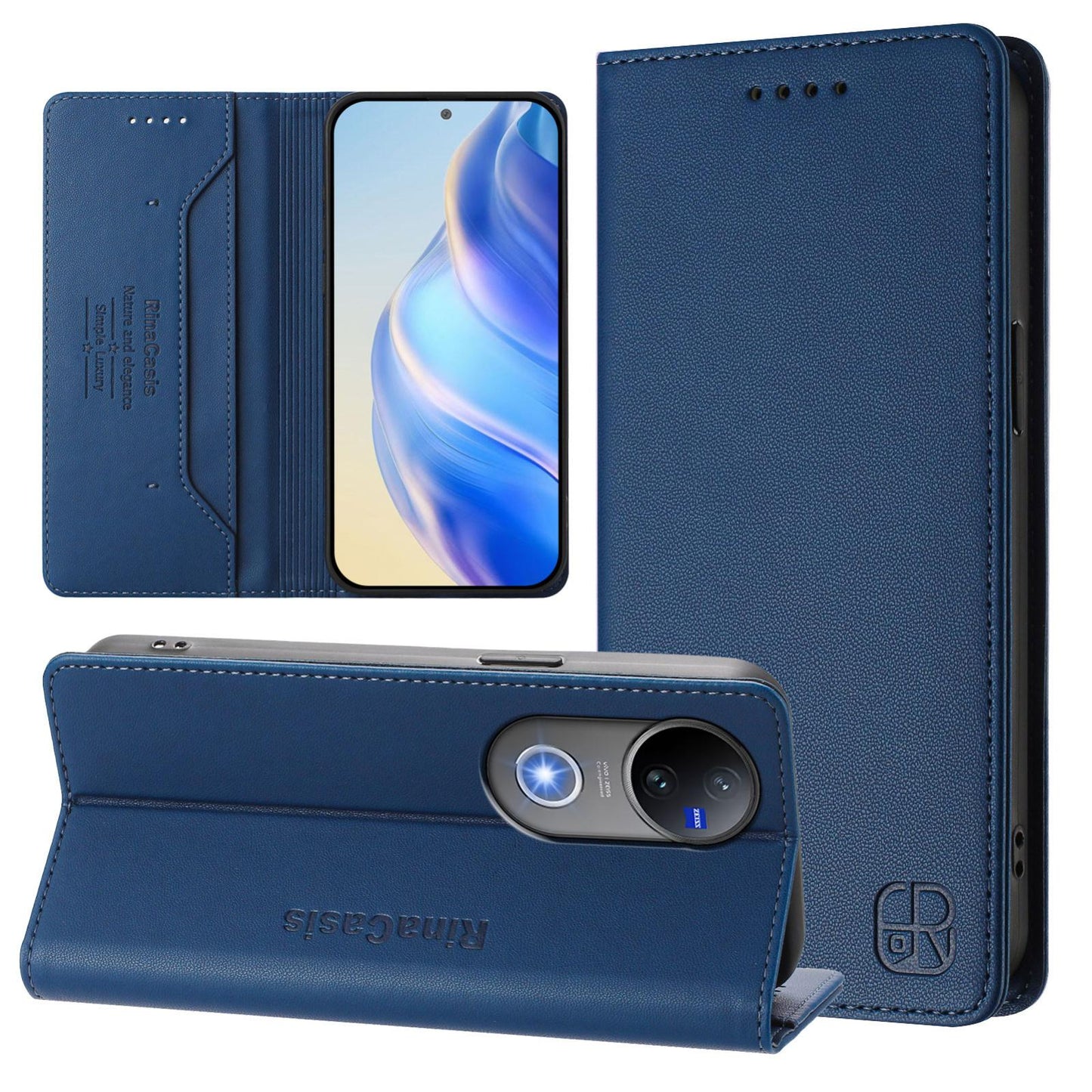 For vivo V50 5G Global RC01 Dual-Folded Magnetic Suction RFID Leather Phone Case(Dark Blue)
