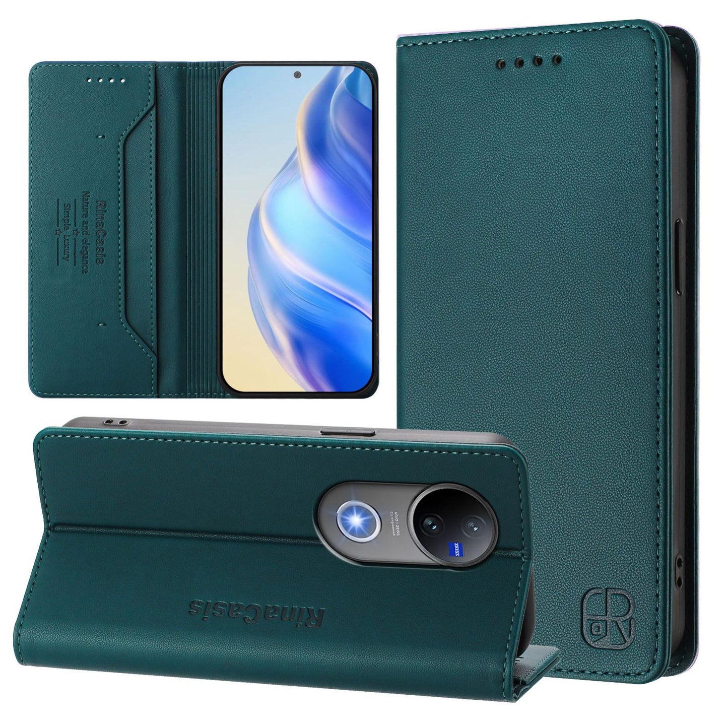 For vivo V50 5G Global RC01 Dual-Folded Magnetic Suction RFID Leather Phone Case(Dark Green)