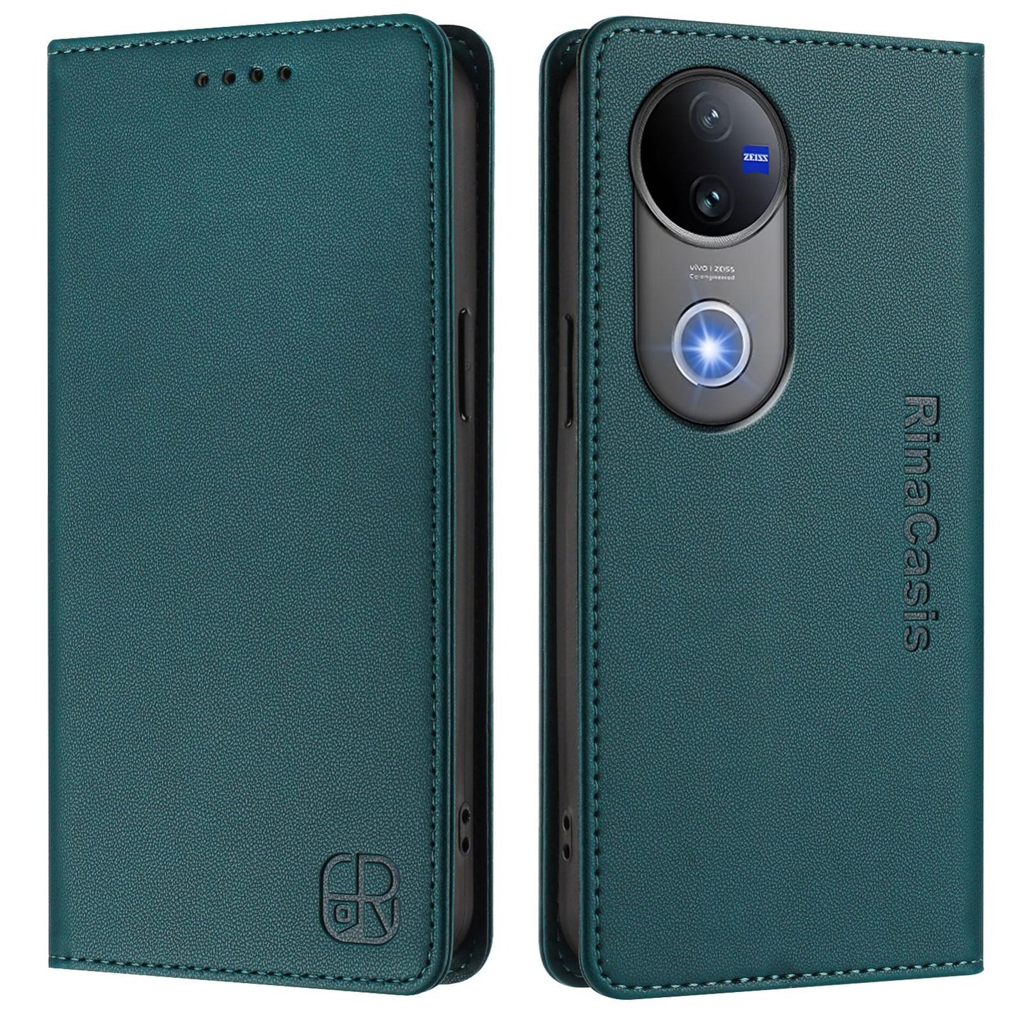 For vivo V50 5G Global RC01 Dual-Folded Magnetic Suction RFID Leather Phone Case(Dark Green)