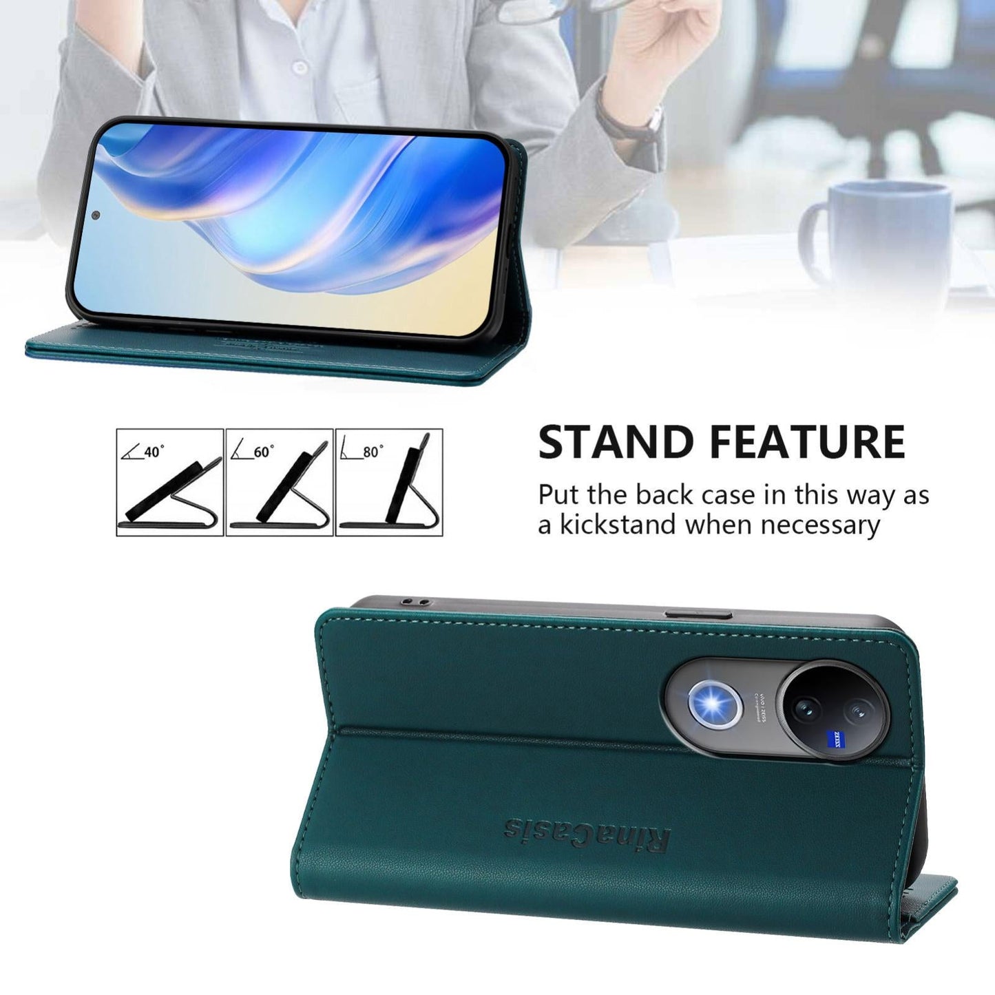 For vivo V50 5G Global RC01 Dual-Folded Magnetic Suction RFID Leather Phone Case(Dark Green)