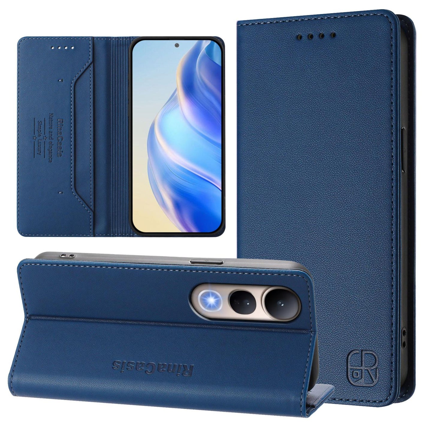 For vivo V50 Lite 5G RC01 Dual-Folded Magnetic Suction RFID Leather Phone Case(Dark Blue)
