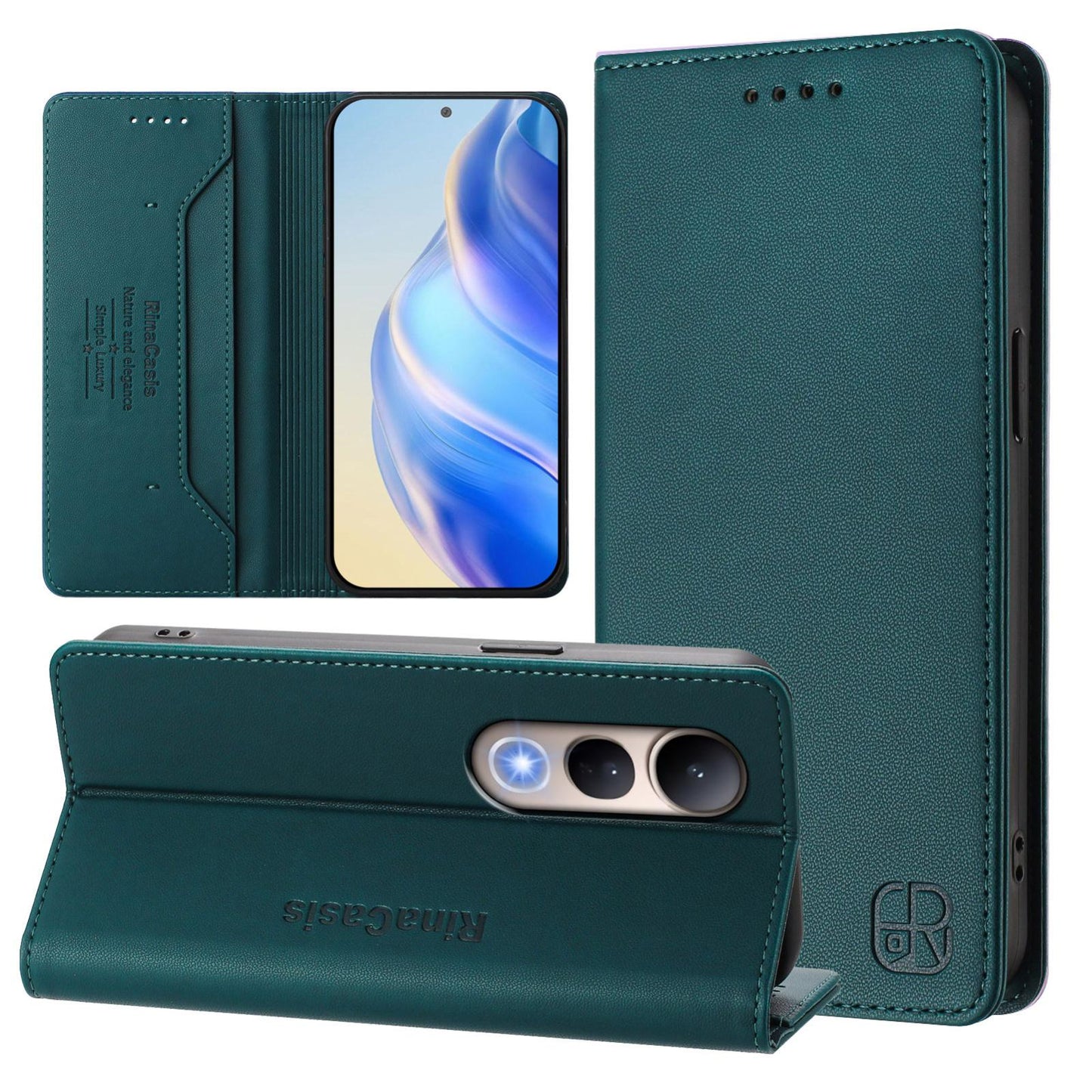 For vivo V50 Lite 5G RC01 Dual-Folded Magnetic Suction RFID Leather Phone Case(Dark Green)
