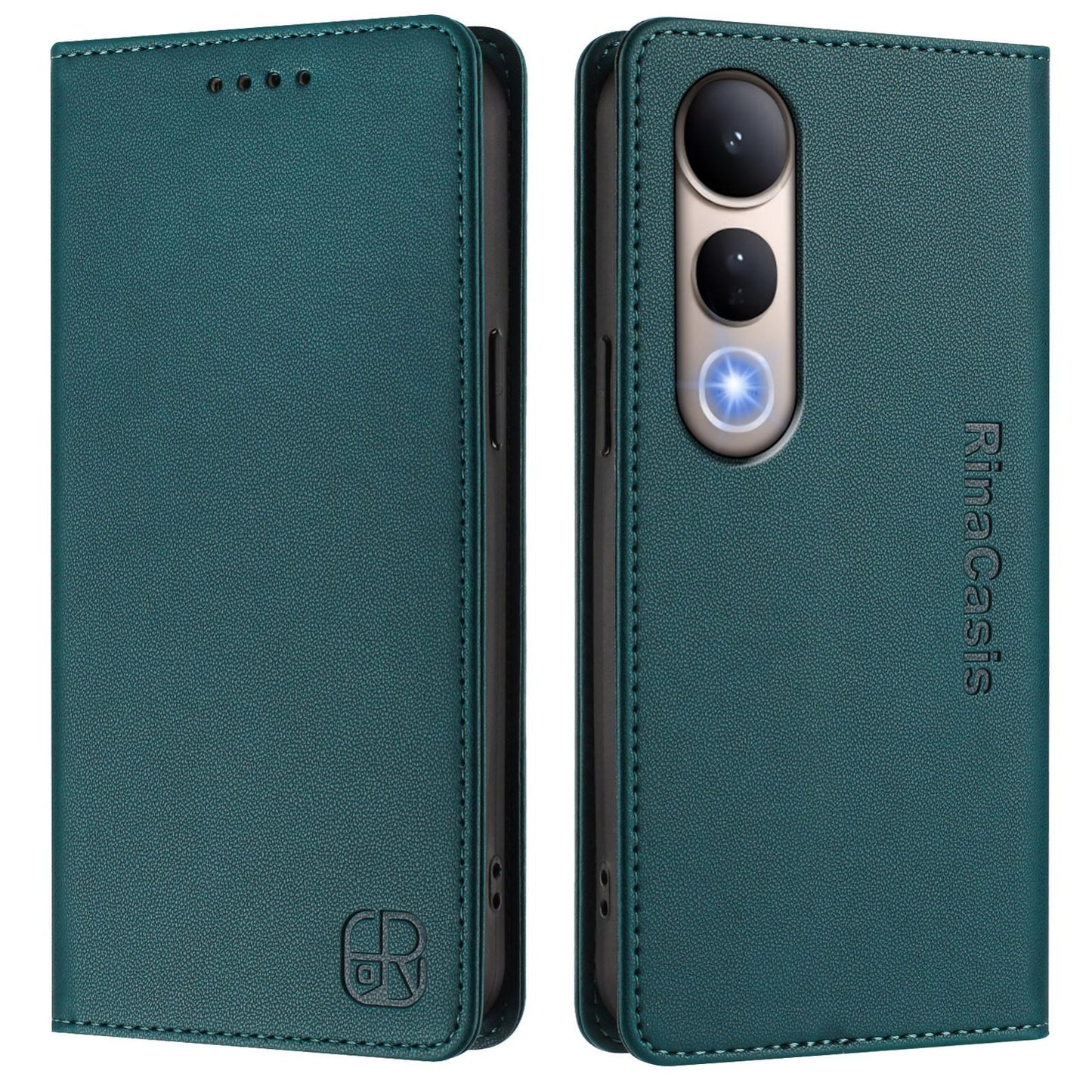 For vivo V50 Lite 5G RC01 Dual-Folded Magnetic Suction RFID Leather Phone Case(Dark Green)