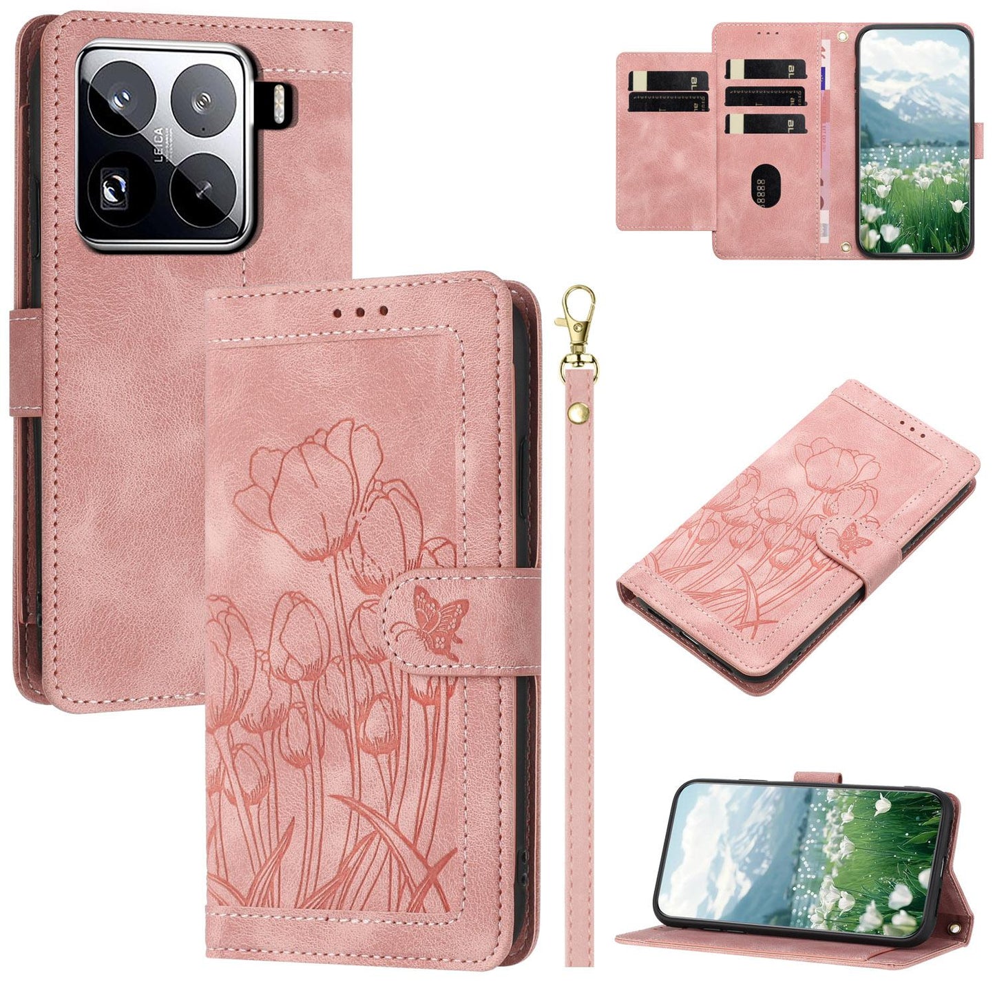 For Xiaomi 15 Pro Tulips Embossed Leather Phone Case with Lanyard(Pink)