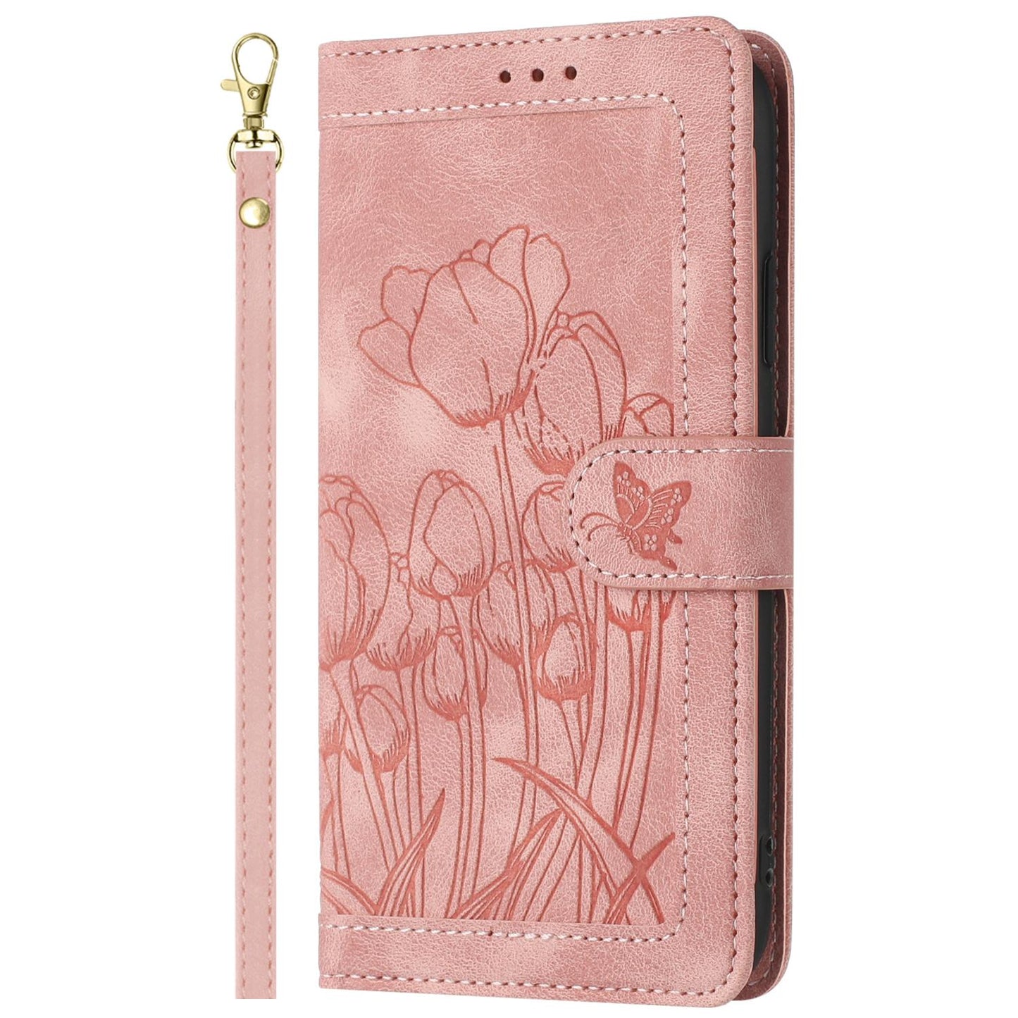 For Samsung Galaxy S25 Edge 5G Tulips Embossed Leather Phone Case with Lanyard(Pink)