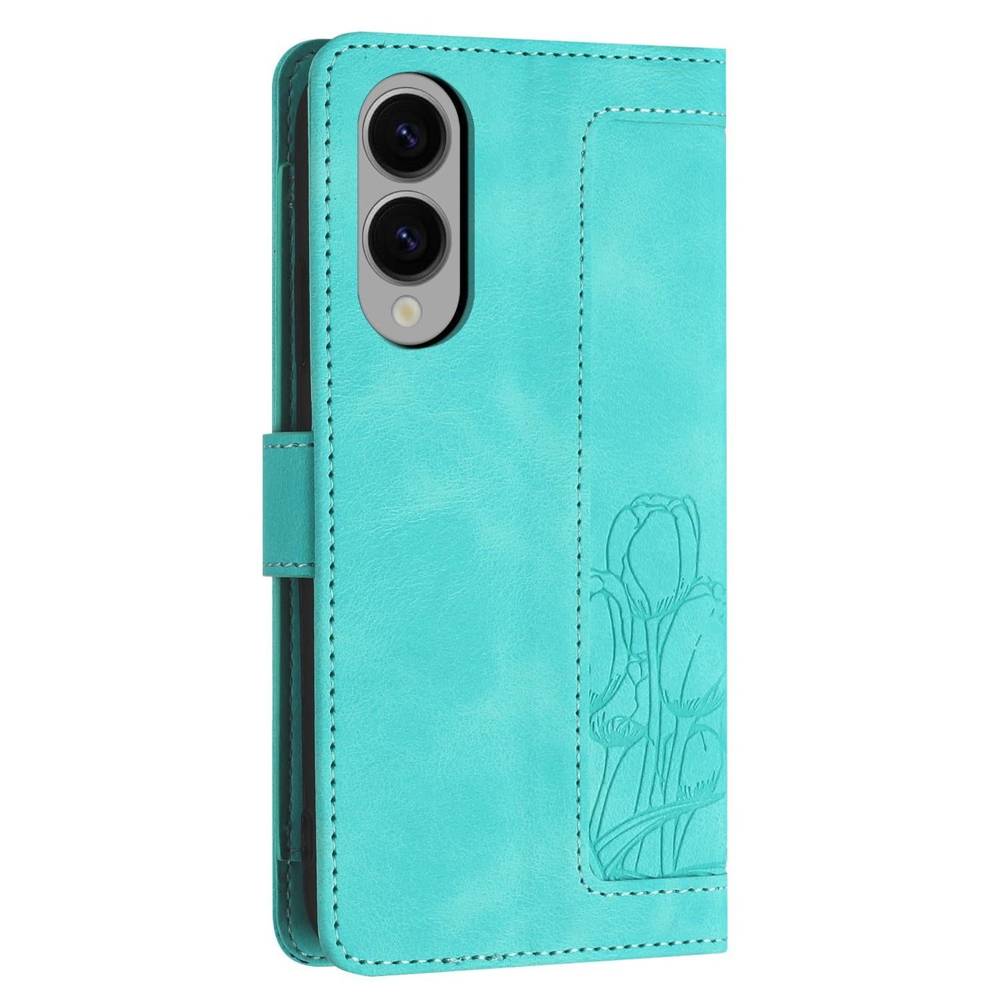 For Samsung Galaxy S25 Edge 5G Tulips Embossed Leather Phone Case with Lanyard(Green)