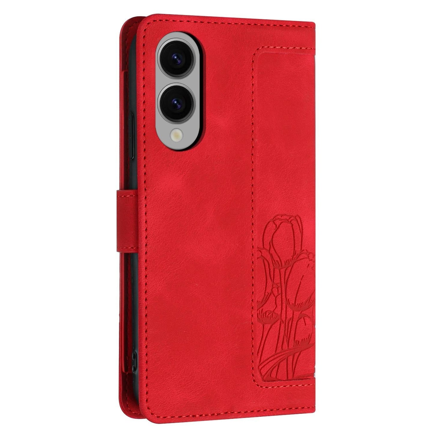 For Samsung Galaxy S25 Edge 5G Tulips Embossed Leather Phone Case with Lanyard(Red)