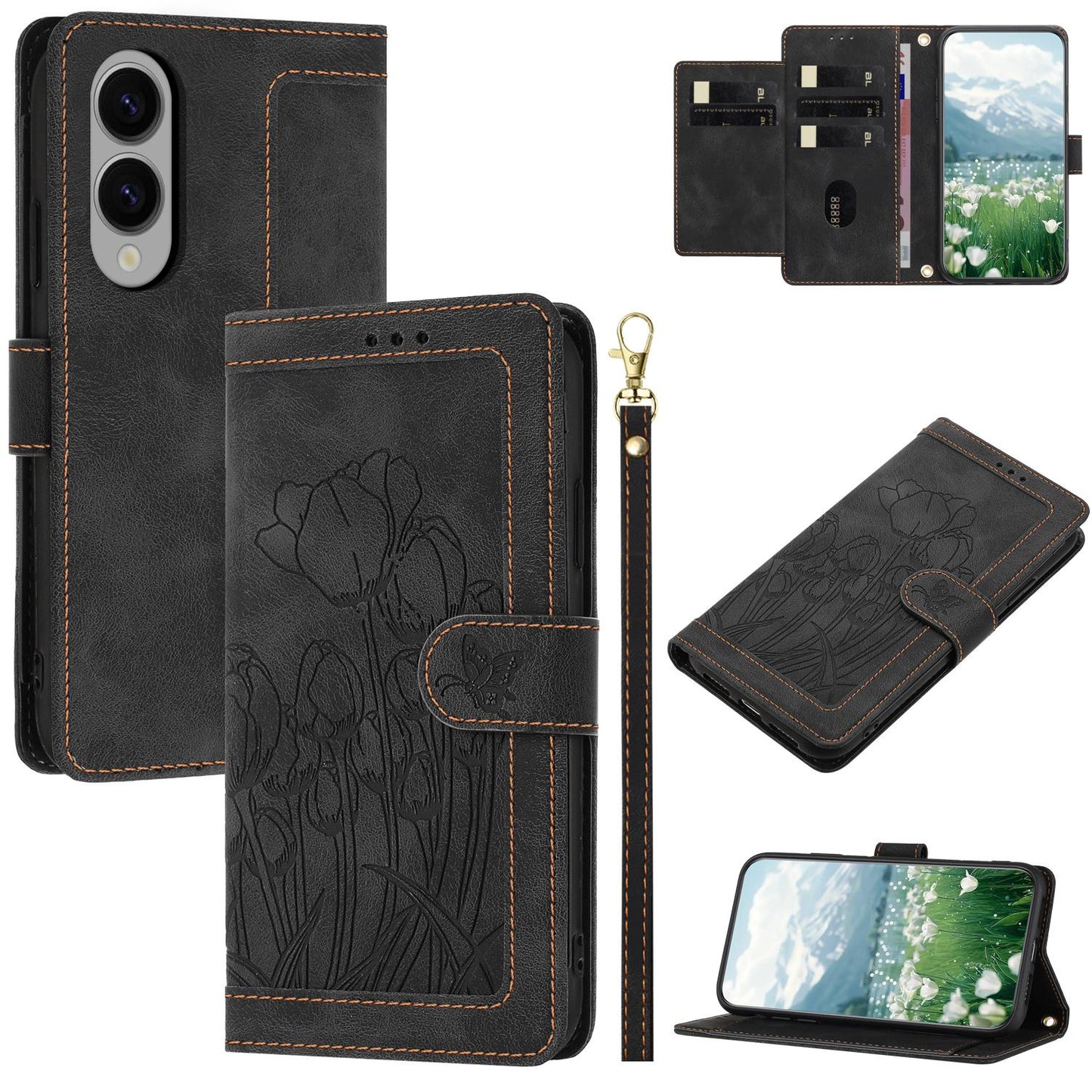 For Samsung Galaxy S25 Edge 5G Tulips Embossed Leather Phone Case with Lanyard(Black)
