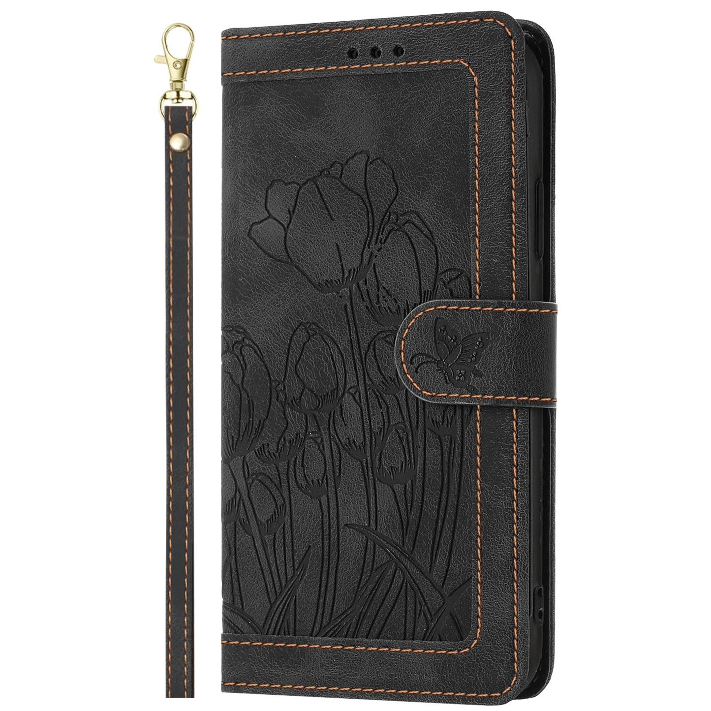For Samsung Galaxy S25 Edge 5G Tulips Embossed Leather Phone Case with Lanyard(Black)