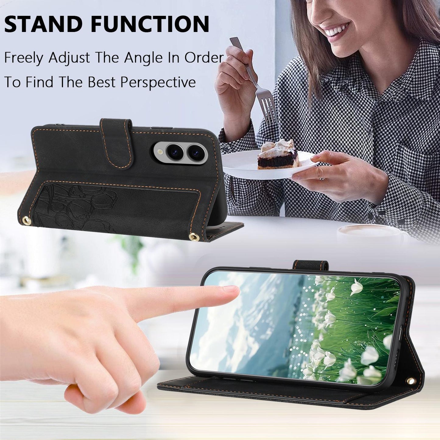 For Samsung Galaxy S25 Edge 5G Tulips Embossed Leather Phone Case with Lanyard(Black)